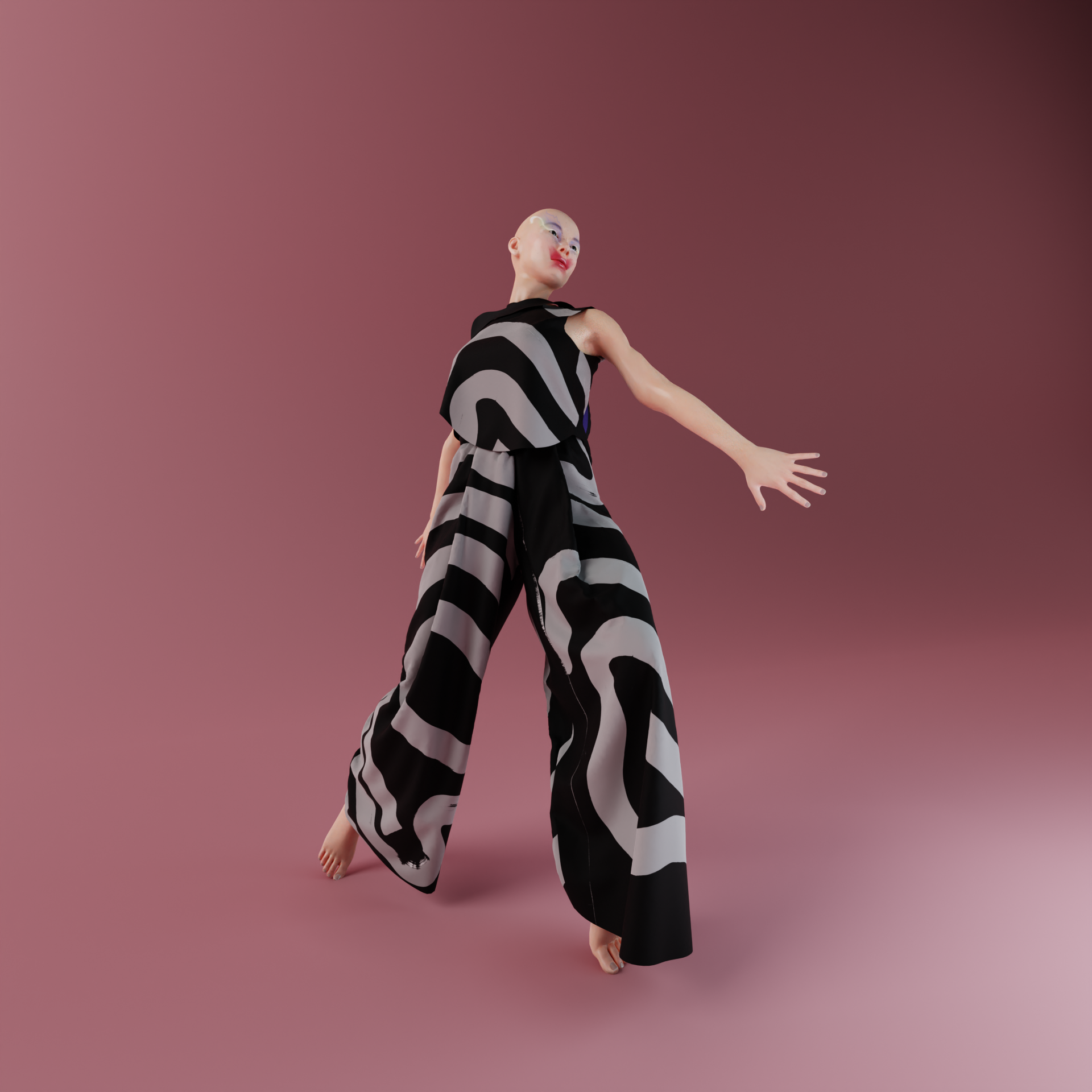 A mannequin or model wearing black and white patterned wide-leg pants and matching top, standing barefoot against a pink gradient background, posed with one arm extended outward.