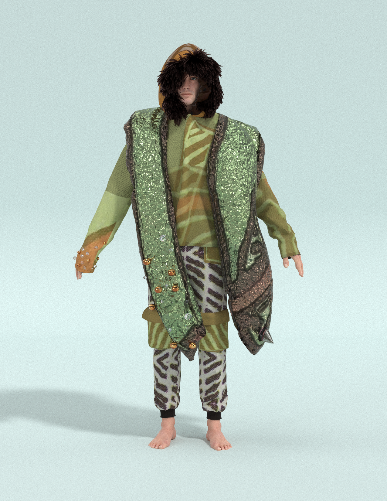 Person dressed in layered, patterned clothing with a hood, furry collar, and decorated vest, standing barefoot against a neutral light background.