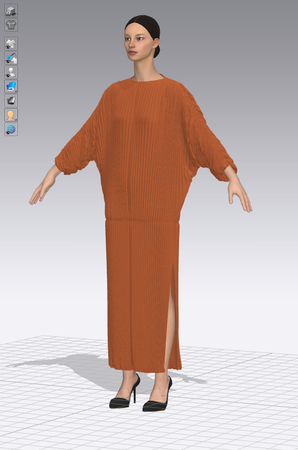3D digital model of a woman wearing an orange ribbed one-piece outfit with a long skirt and a loose top, high heels, and a neutral facial expression.