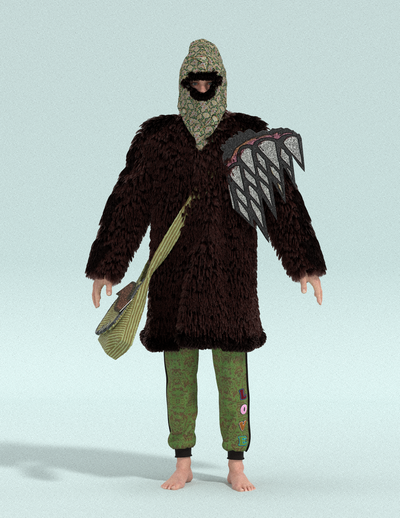 Person wearing a green hood, a dark fur coat, patterned green pants with colored letters spelling 'LOVE' on one leg, carrying a bag, and with a winged accessory on the shoulder.
