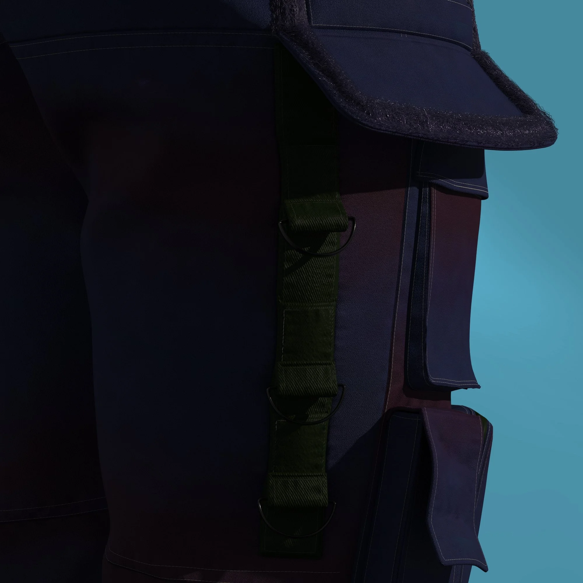 Digital close-up of tactical gear including a navy blue vest with a zipper pocket and a green strap with D-rings, against a blue background.