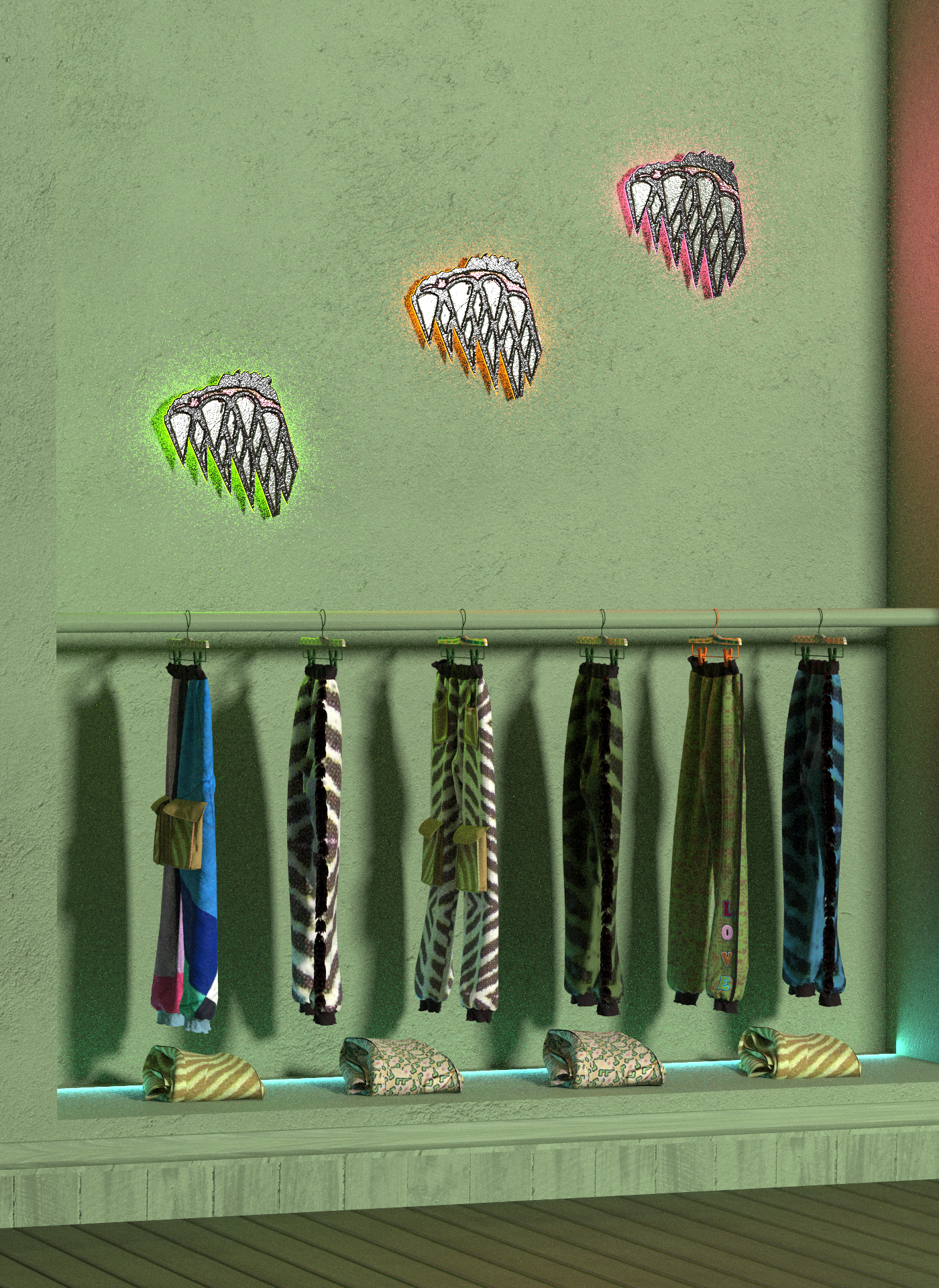 Clothing rack with scarves hanging, decorated with three shield-shaped emblem stickers on a green wall.