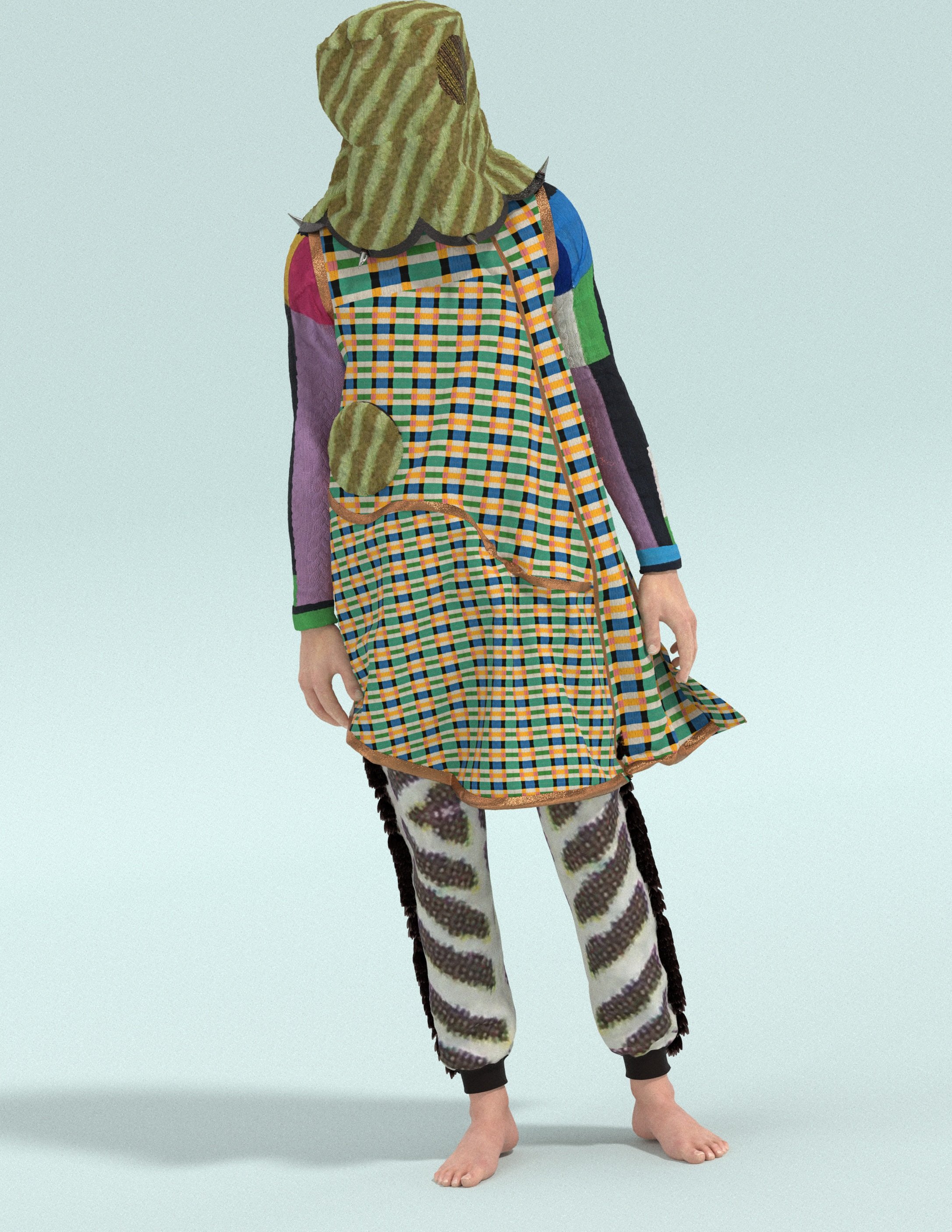 Person dressed in an eclectic, colorful outfit including a patchwork apron, striped leggings, and a fabric hood, against a plain background.