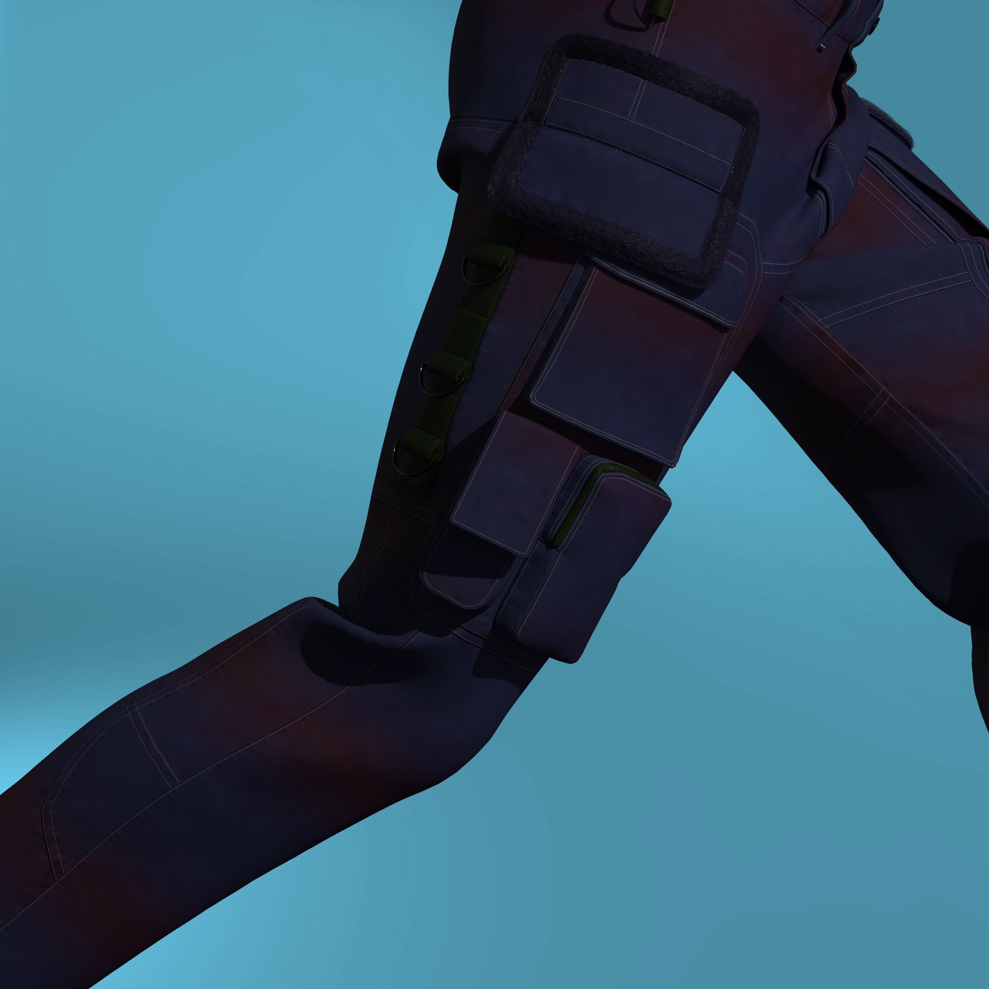 Close-up of a person's leg wearing dark futuristic tactical pants with multiple pouches and straps, against a solid blue background. Digitally rendered image created in Clo3d, inspired by Junya Watanabe pants.