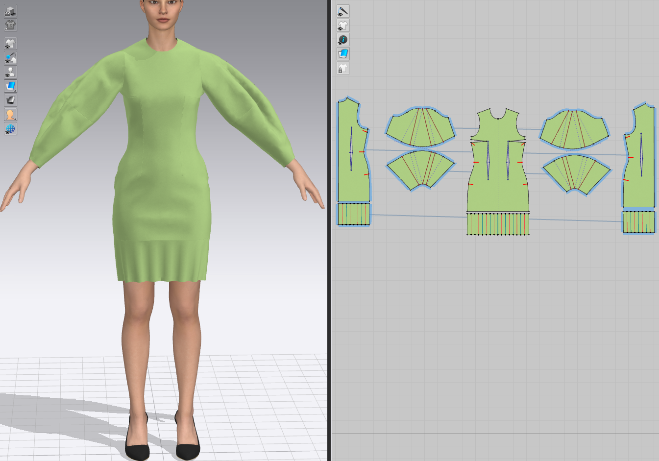 3D digital model of a woman wearing a lime green dress with puffed sleeves, shown in a fashion design software interface with pattern pieces on the right.