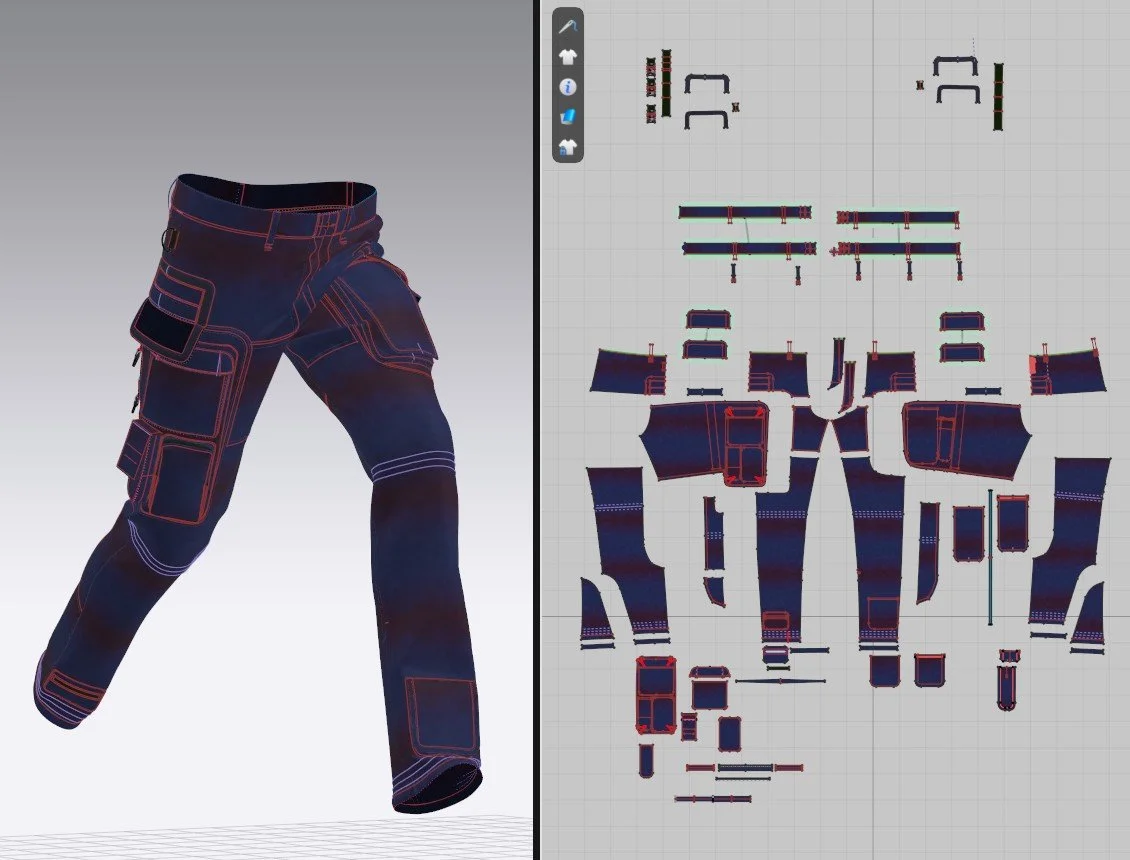 clo3d pattern cutting image, cargo jeans 3d simulation