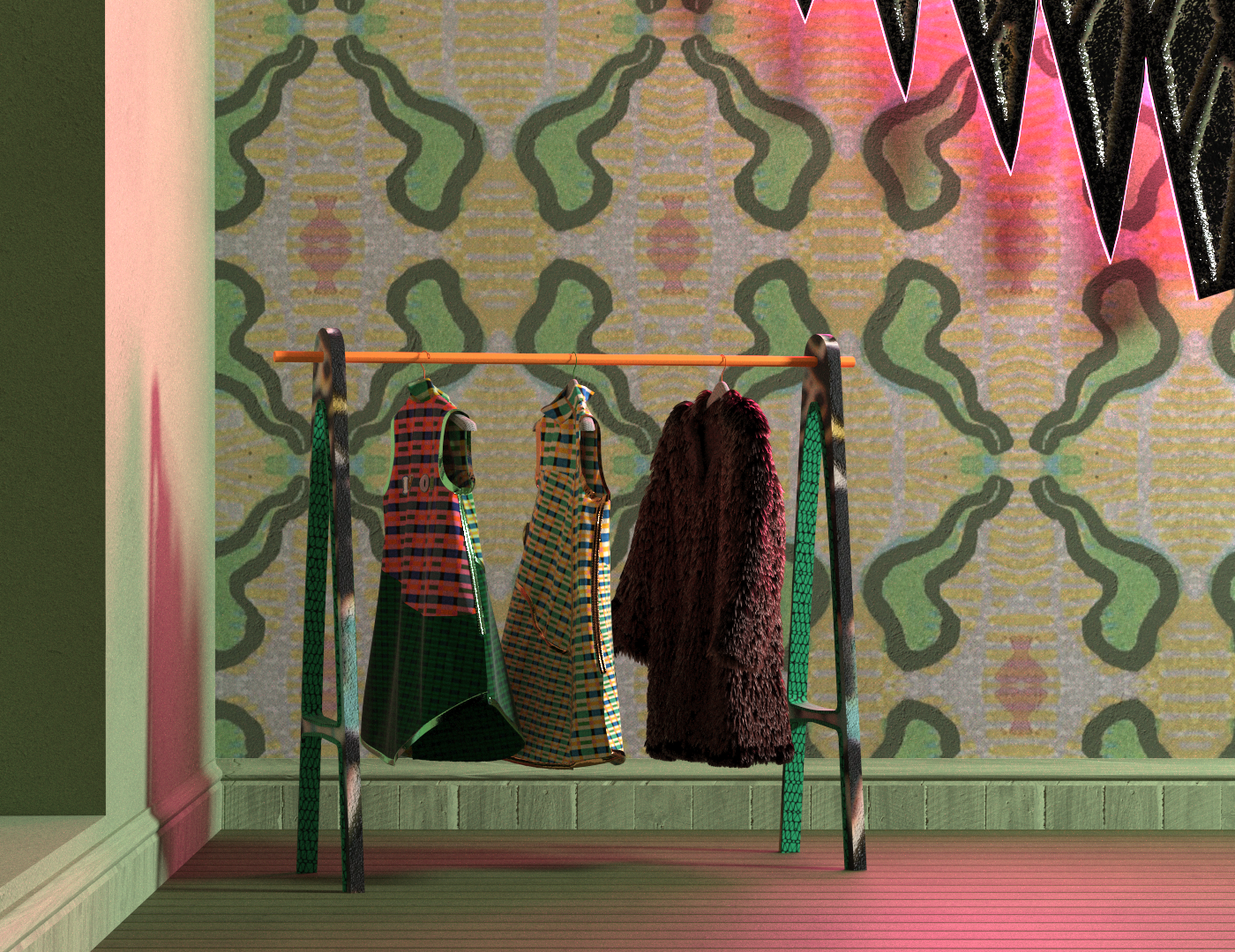 Clothing rack with plaid dresses and a fur coat in a room with psychedelic wallpaper and black and pink neon triangular hanging decorations, digitally created and rendered in Clo3D