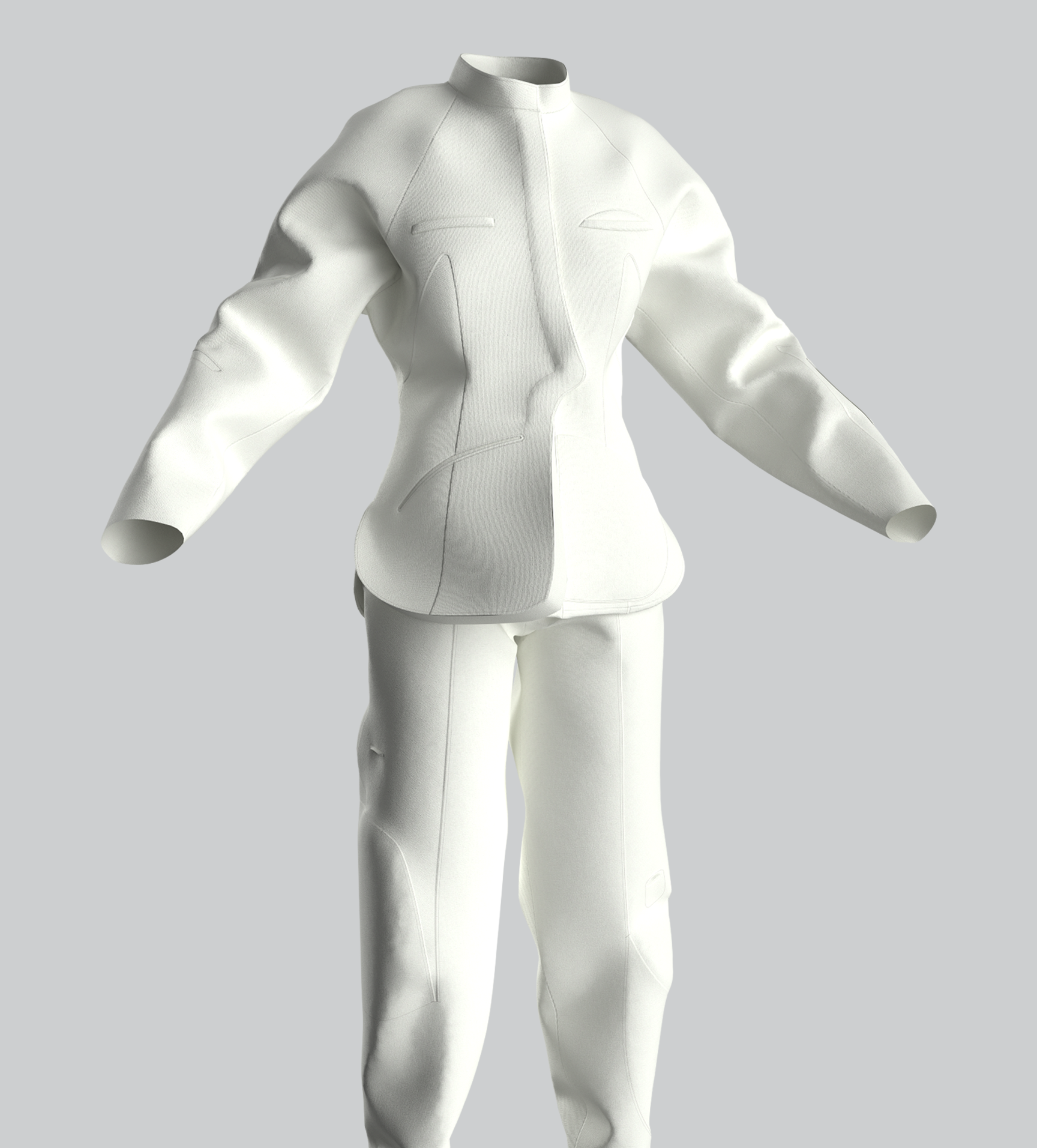 A white, high-tech sports jacket with a sleek, fitted design and intricate seam patterns.