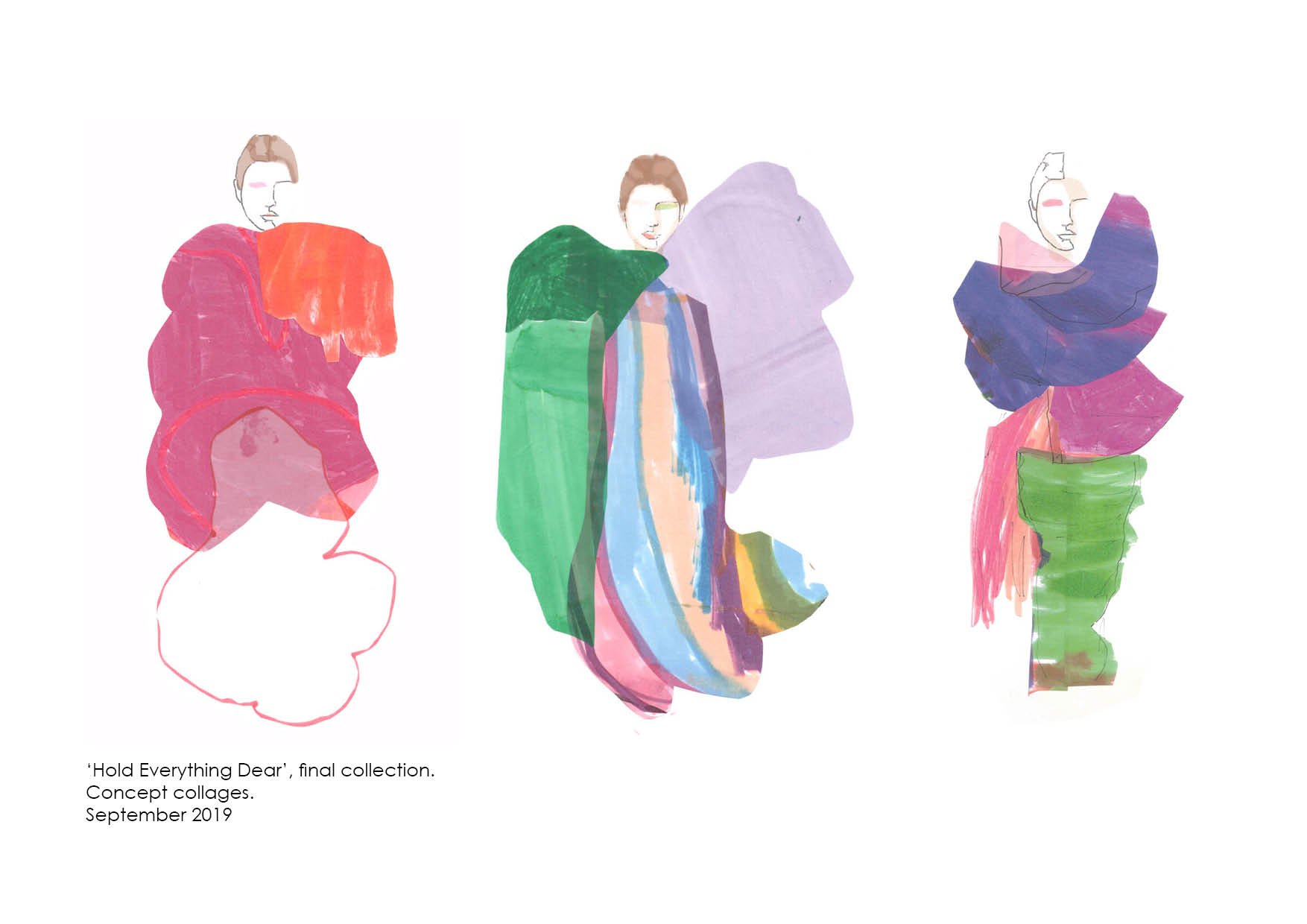 Three abstract concept collages of colorful clothing and faces, part of 'Hold Everything Dear' final collection, September 2019.