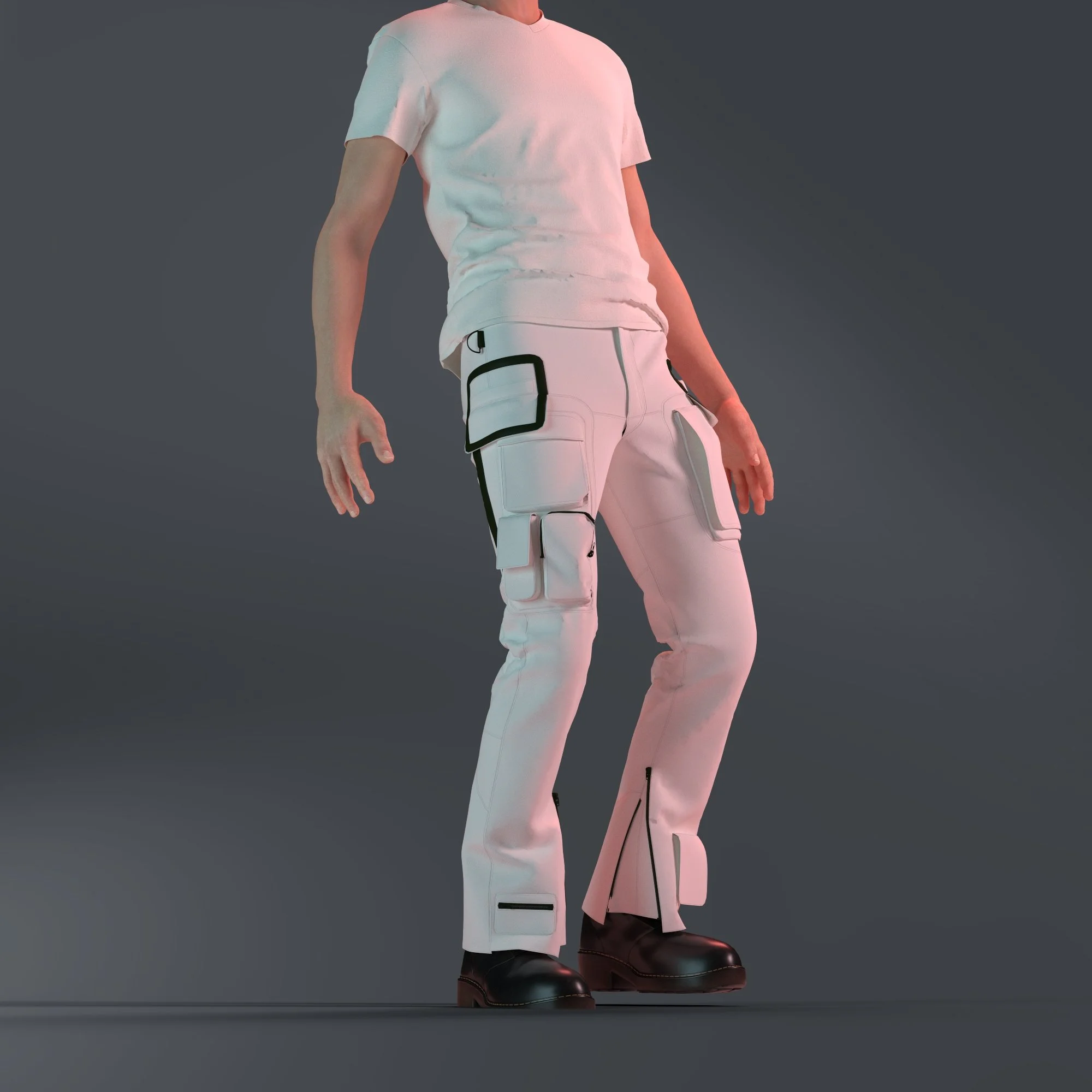 Clo3D render of an all white mens outfit including white tee and white cargo pants with a variety of interesting pockets
