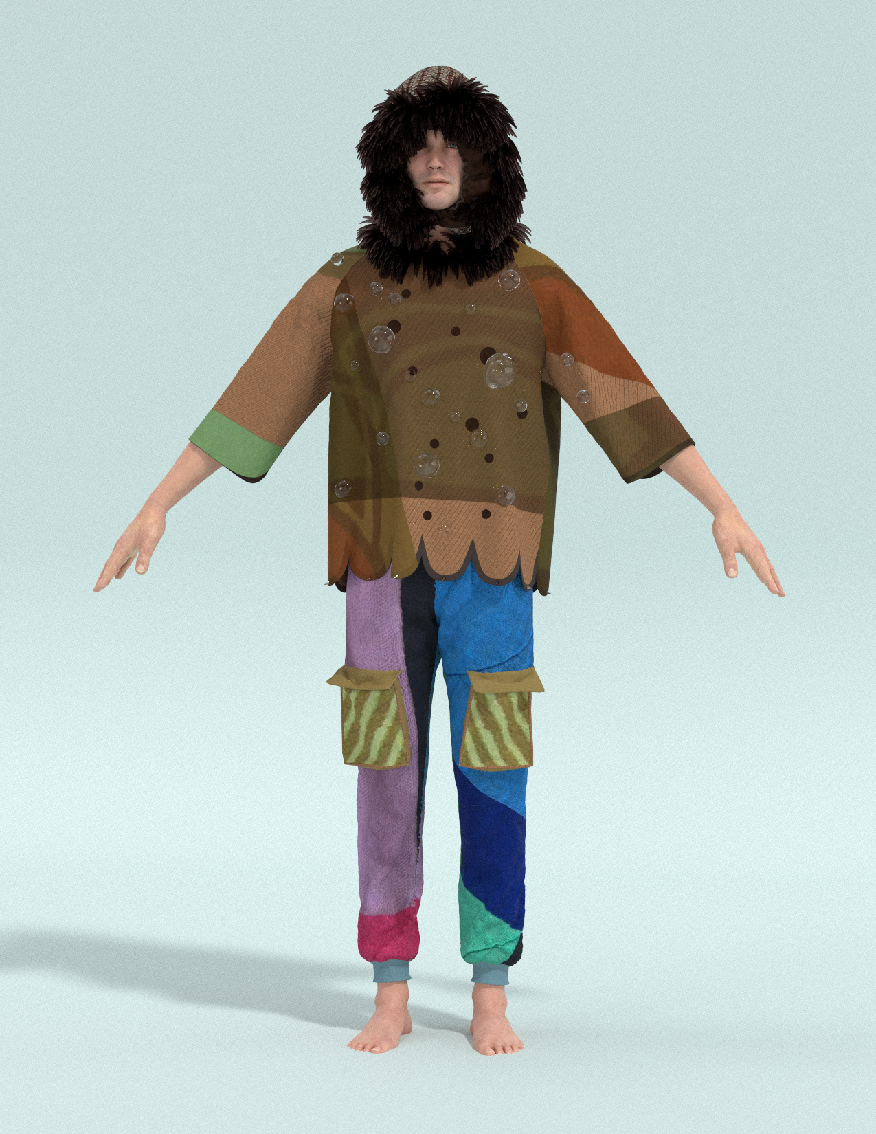 A person wearing a patchwork outfit with a large, furry hood and floating bubbles around them, standing barefoot against a plain light background.