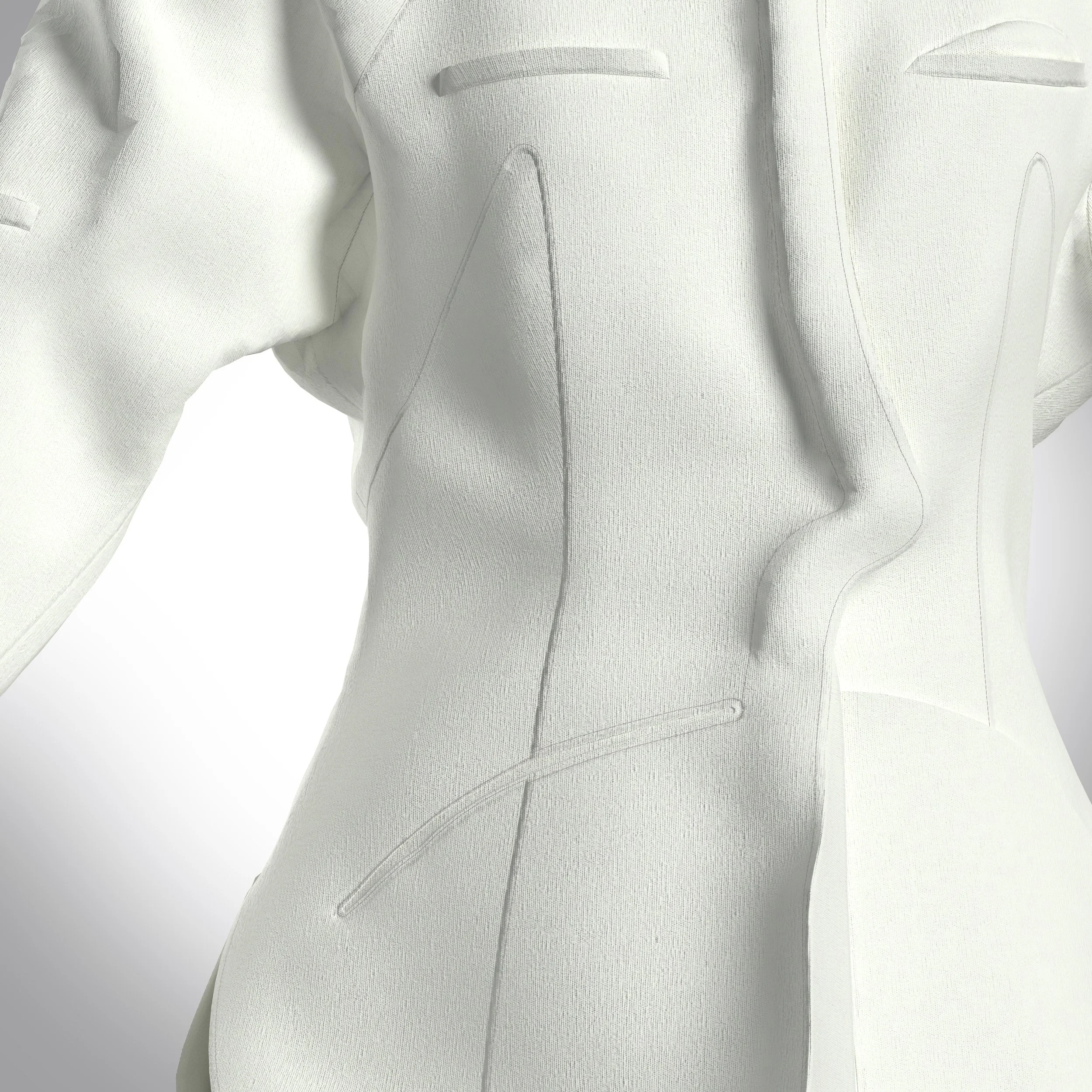 Close-up of a white, textured, tailored blazer with visible seam lines and small pockets, digital twin of Morag Seaton jacket worn by MVB for 'System Of Touch' at Jerwood
