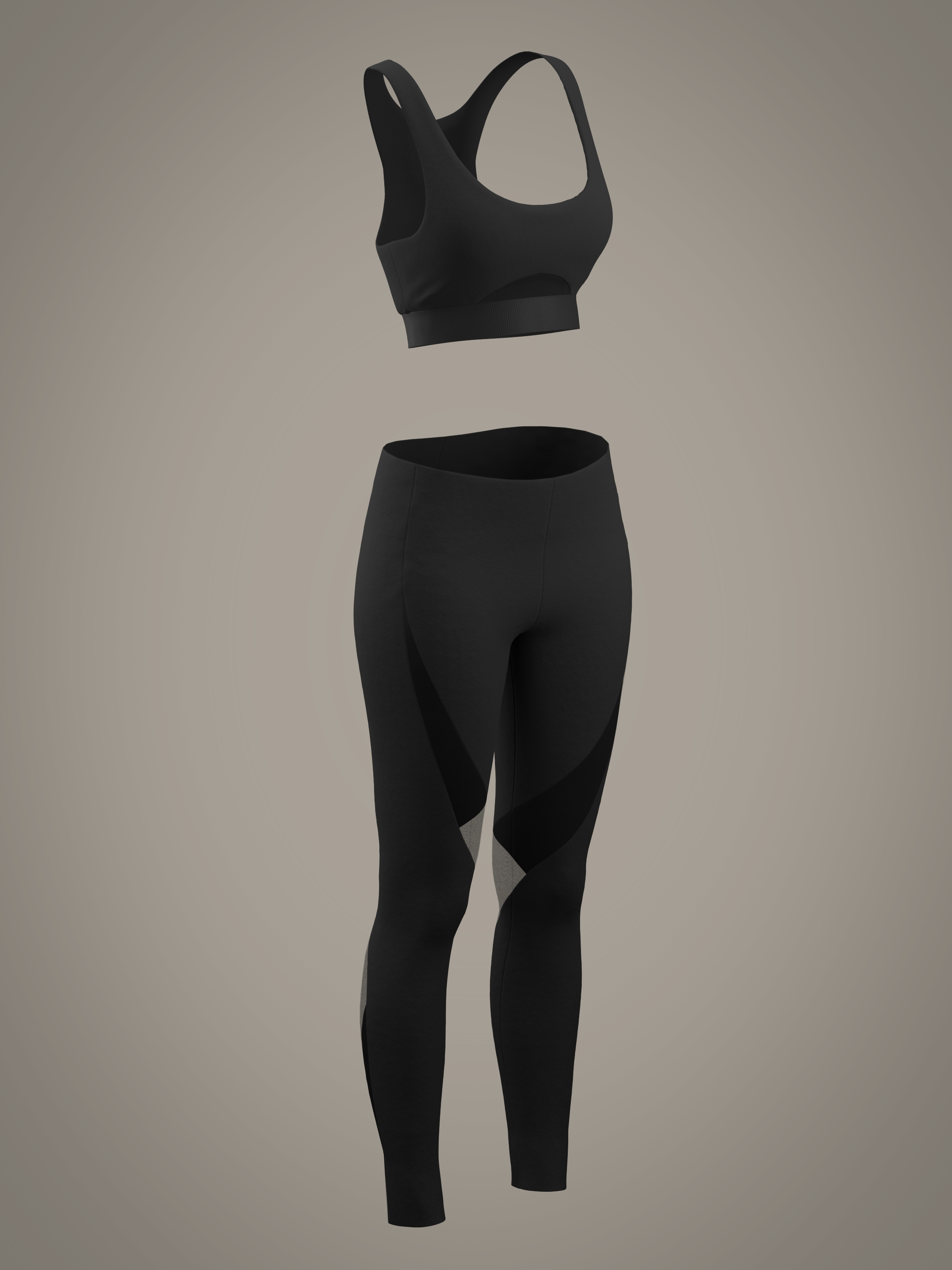 Black athletic sports bra and black leggings with mesh panels