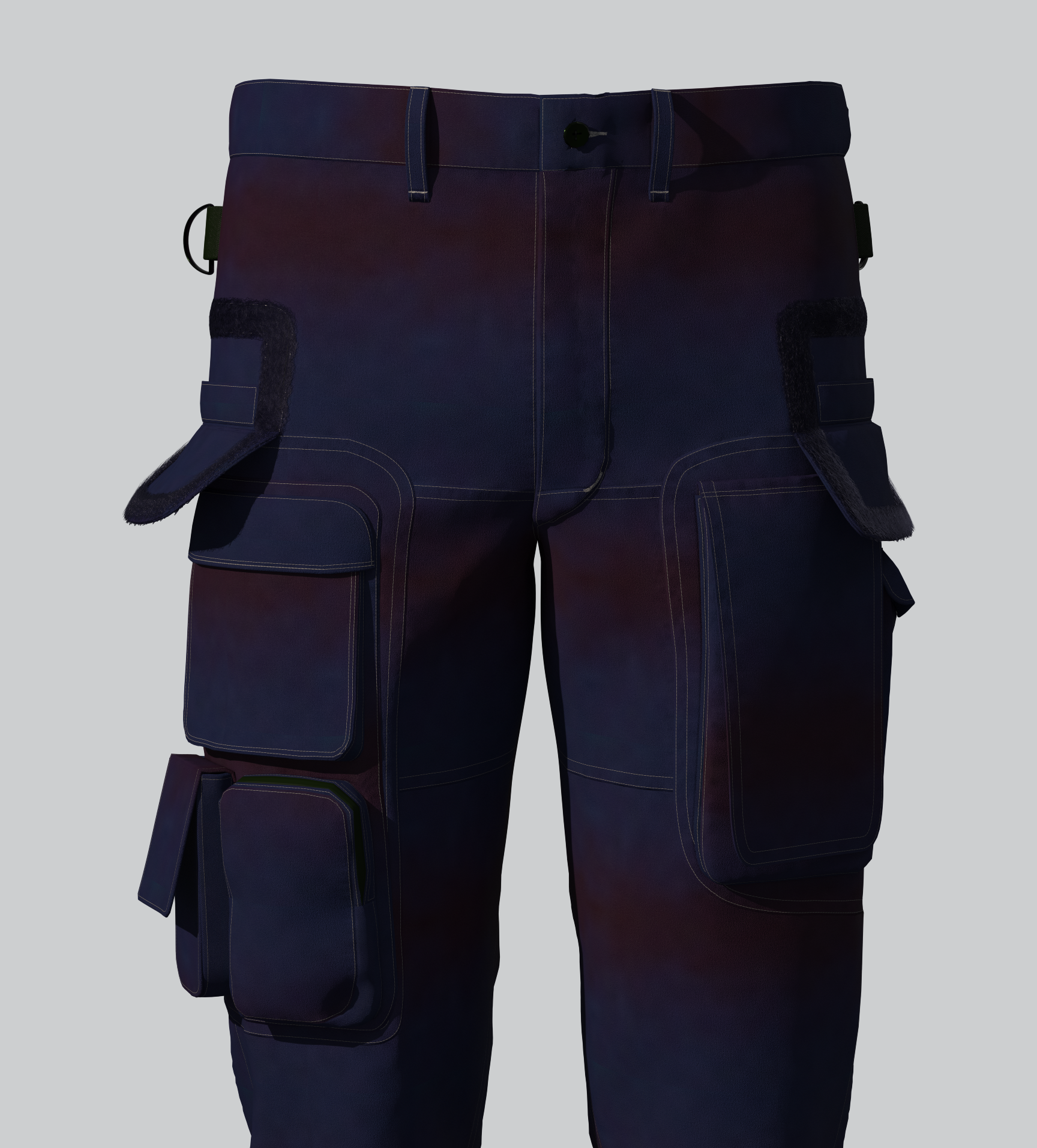 Close-up of dark blue tactical pants with multiple pockets, Velcro straps, and reinforced stitching, designed for outdoor or tactical use.