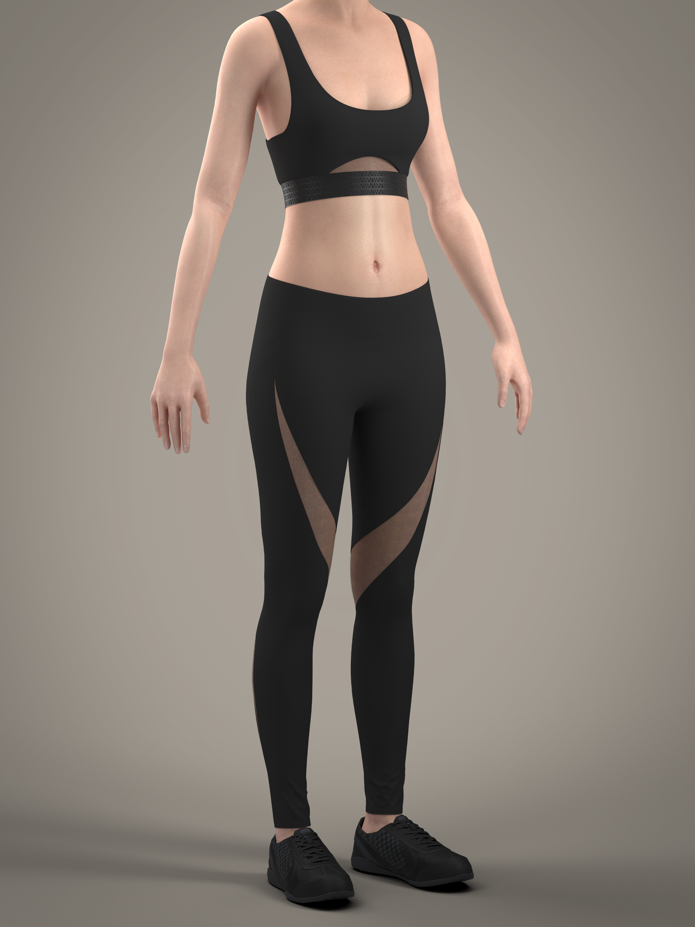 A woman wearing black athletic leggings with mesh panels, a black sports bra with cutout details, black athletic shoes, and standing against a neutral background.