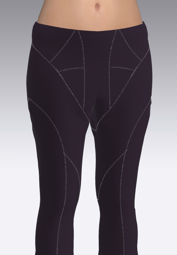 Close-up of a woman's waist and legs wearing black leggings with white stitching details.