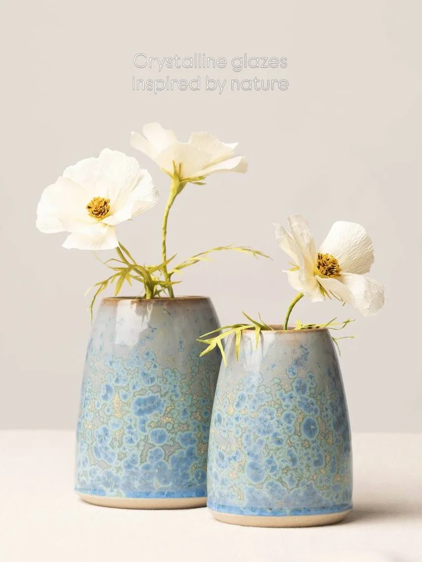 Thrown stoneware vases, glazed with a cobalt and nickel crystalline glaze.

Photos by @kelseyjadephotos 

#contemporaryceramics #handmade #studiopottery #glazechemistry #paperblooms