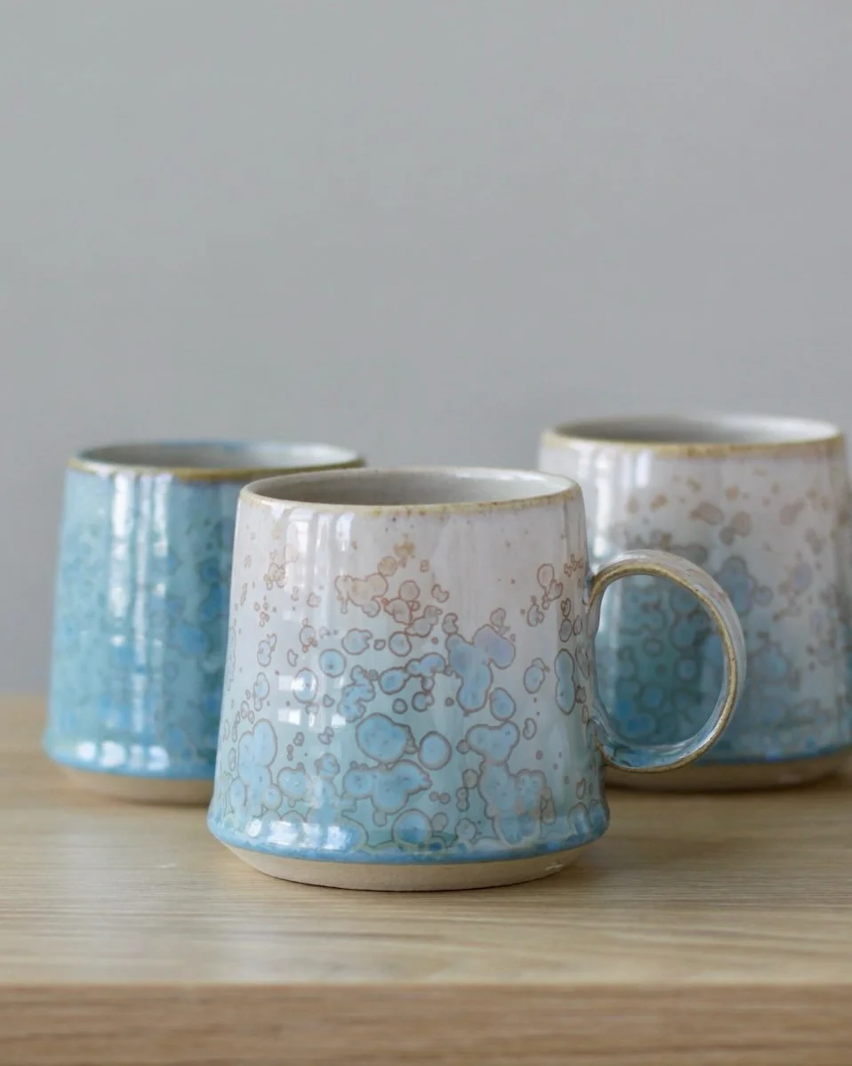 Group of crystalline mugs in a combination of colours.