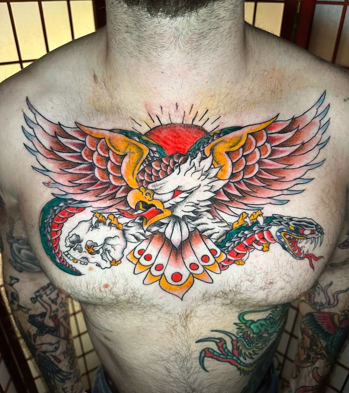 First of all, BIG THANKS TO ALEX. Dude is a beast. Three separate sessions for the lining, shading, and color. I appreciate the trust 🦅 
-
-
Done at @omkaratattoo_philly 
@shifu_nha_omkara 
#chesttattoo #americantraditionaltattoo #eagletattoo #phill