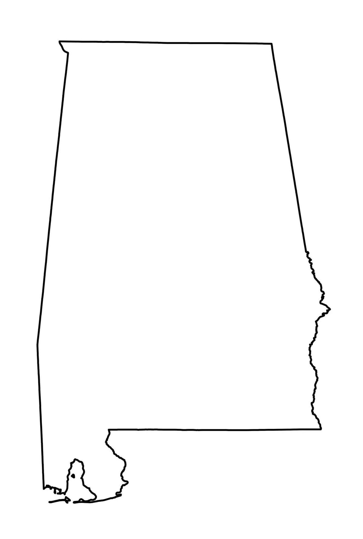 A black and white outline of the border of the state of Alabama.