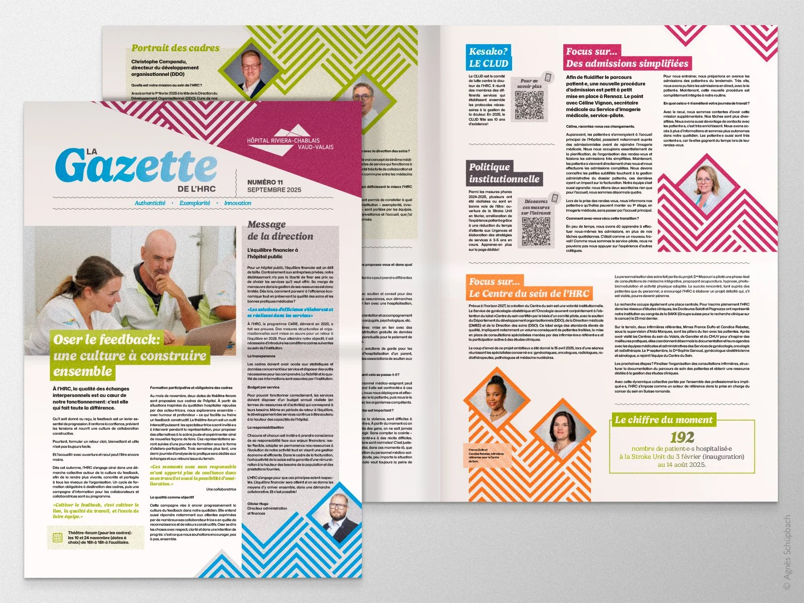Conception complète de la nouvelle identité visuelle de la gazette interne de l'Hôpital Riviera-Chablais. 