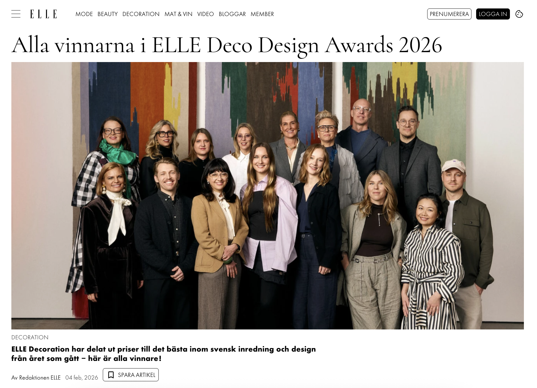 ELLE Decoration SE, Feb 2026: Wilén-Jong named Designer Of The Year 2026