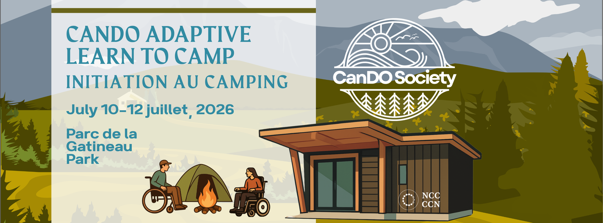 A promotional graphic for CanDO Society’s Adaptive Learn to Camp program. It features outdoor-themed visuals and branding elements representing accessible camping and inclusive outdoor recreation.