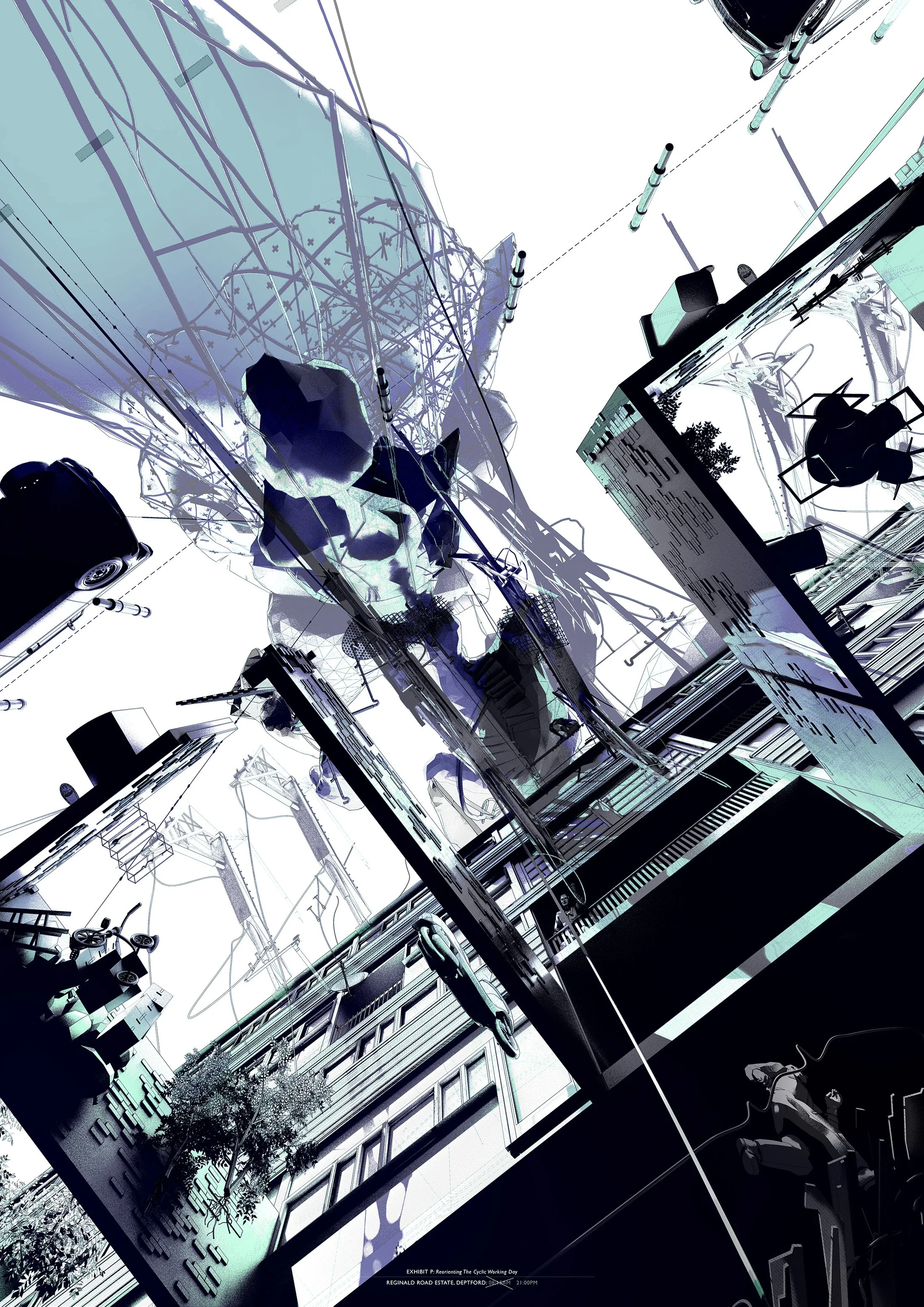 Hybrid analogue and digital architectural drawing of a spatial intervention on Deptford High Street, combining 3D modelling, rendering, screenprint and experimental ink