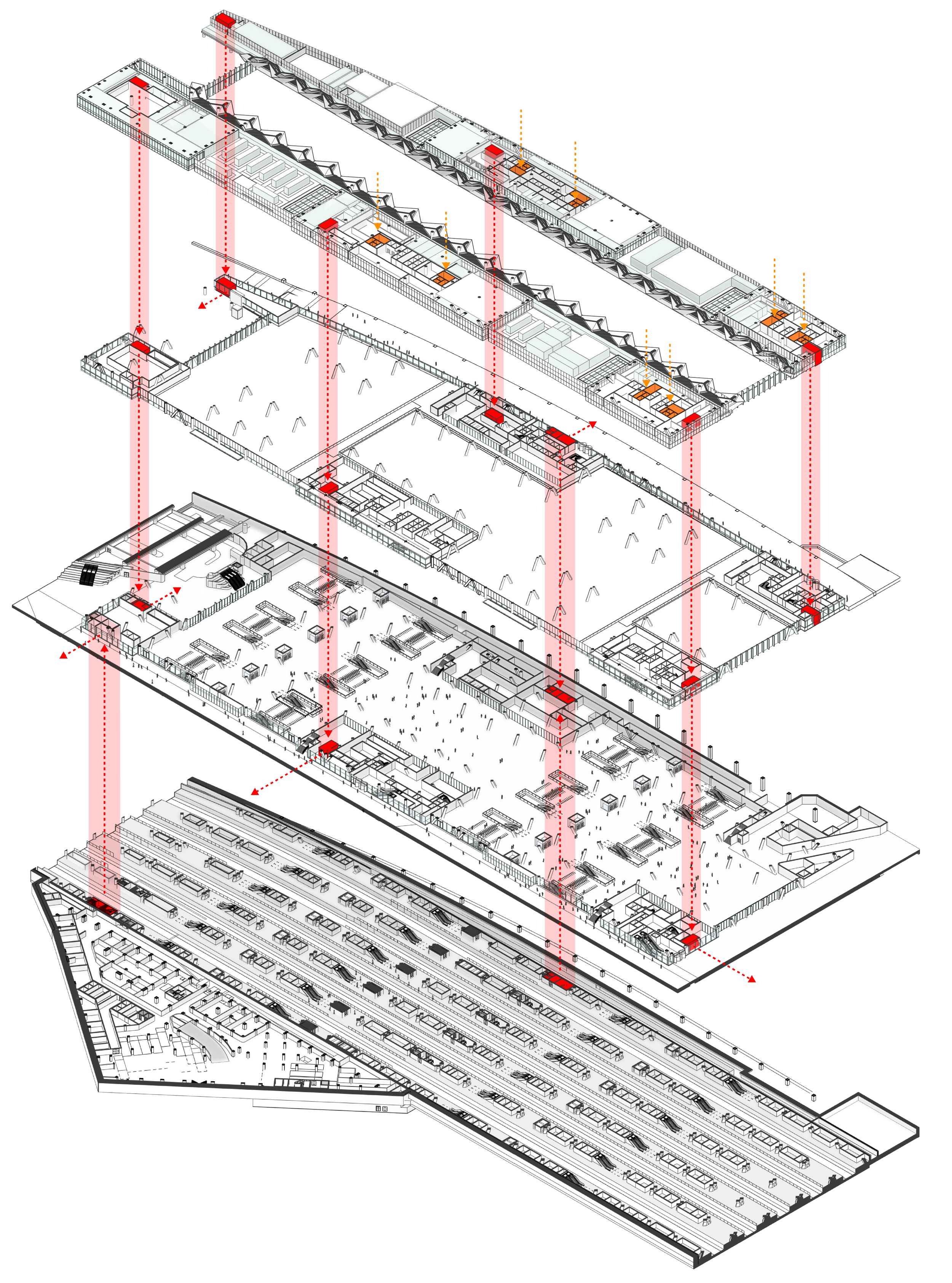 Exploded axonometric drawing illustrating the fire escape strategy for HS2 Euston Station