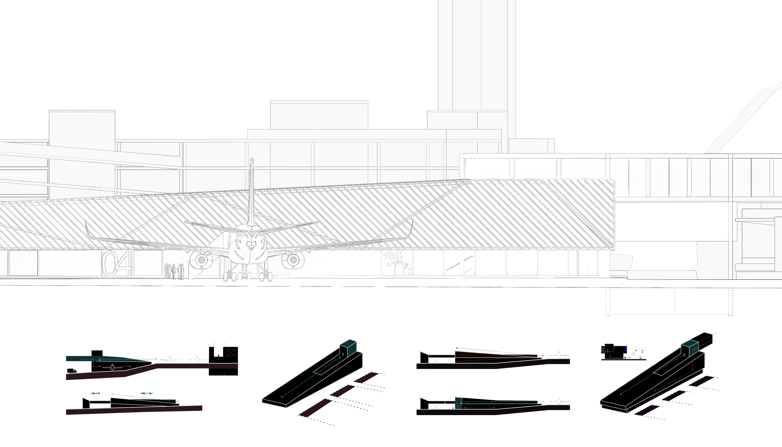 Concept design sketches and elevation studies testing the scale of the proposed London Luton Airport development