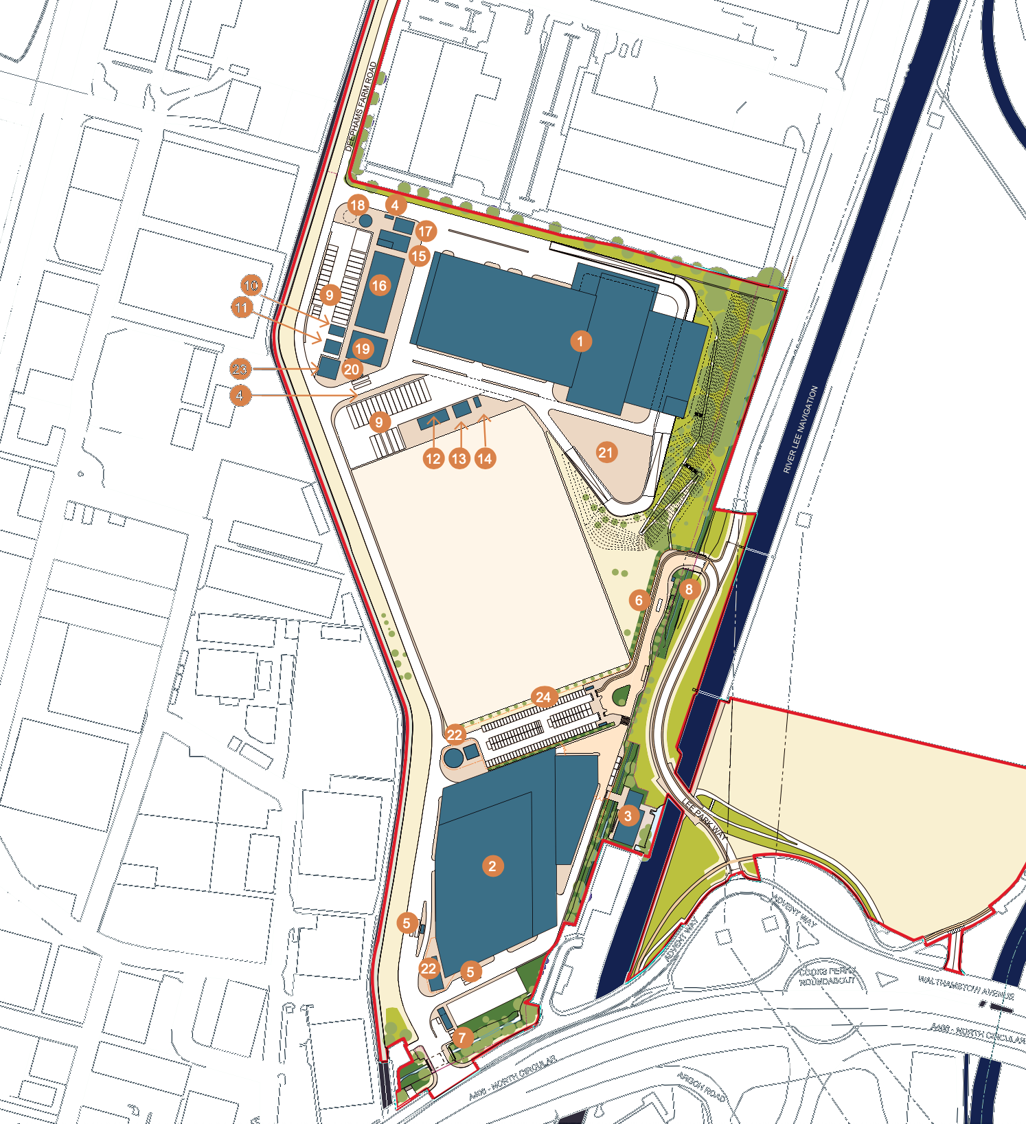 Site plan showing the North London Heat and Power Project and its immediate surrounding context