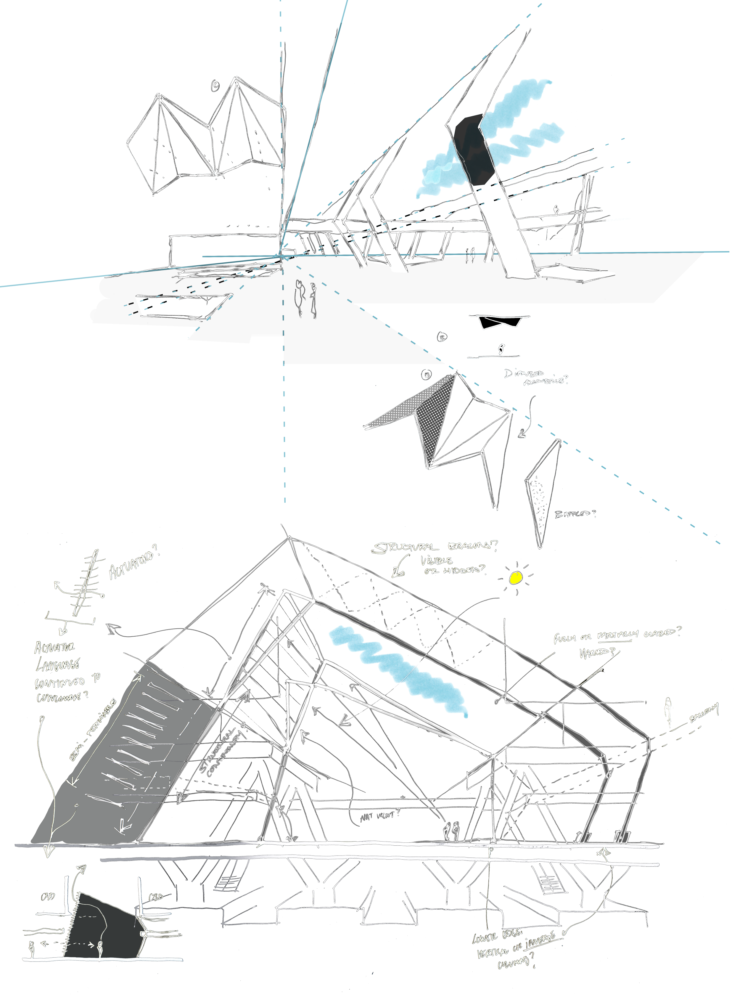 Hand-drawn concept sketches exploring roof design ideas for HS2 Euston Station