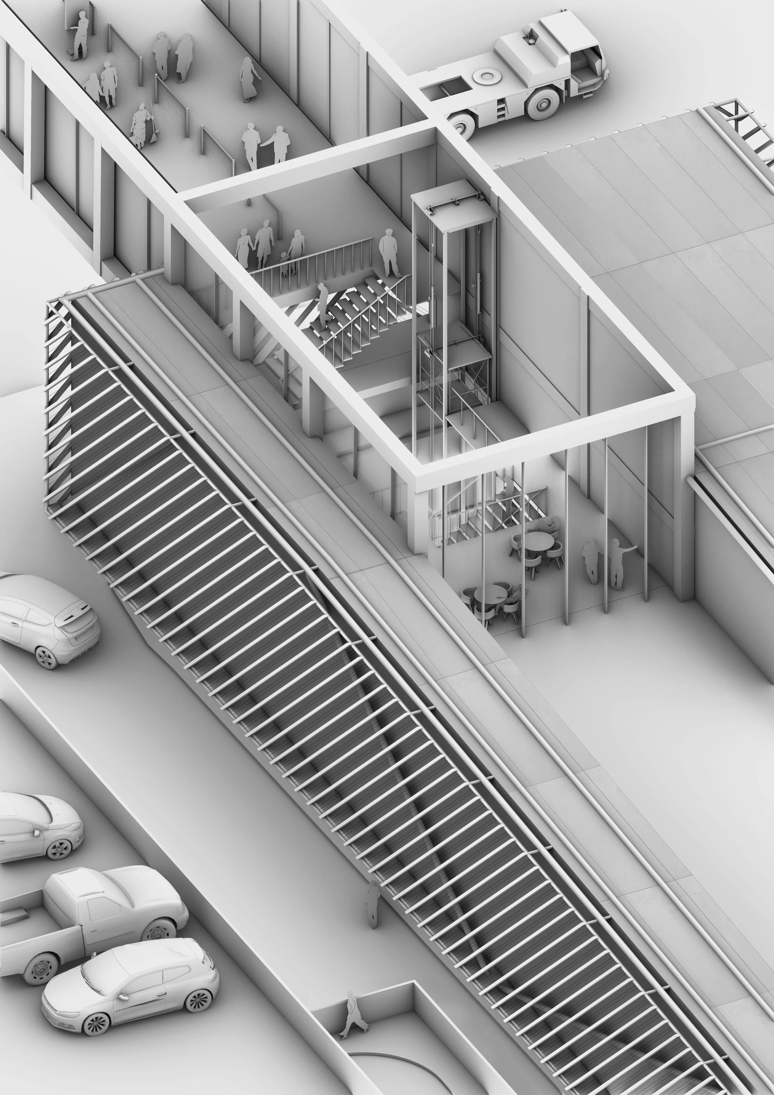 Axonometric 3D model illustrating the spatial layout of the proposed London Luton Airport development