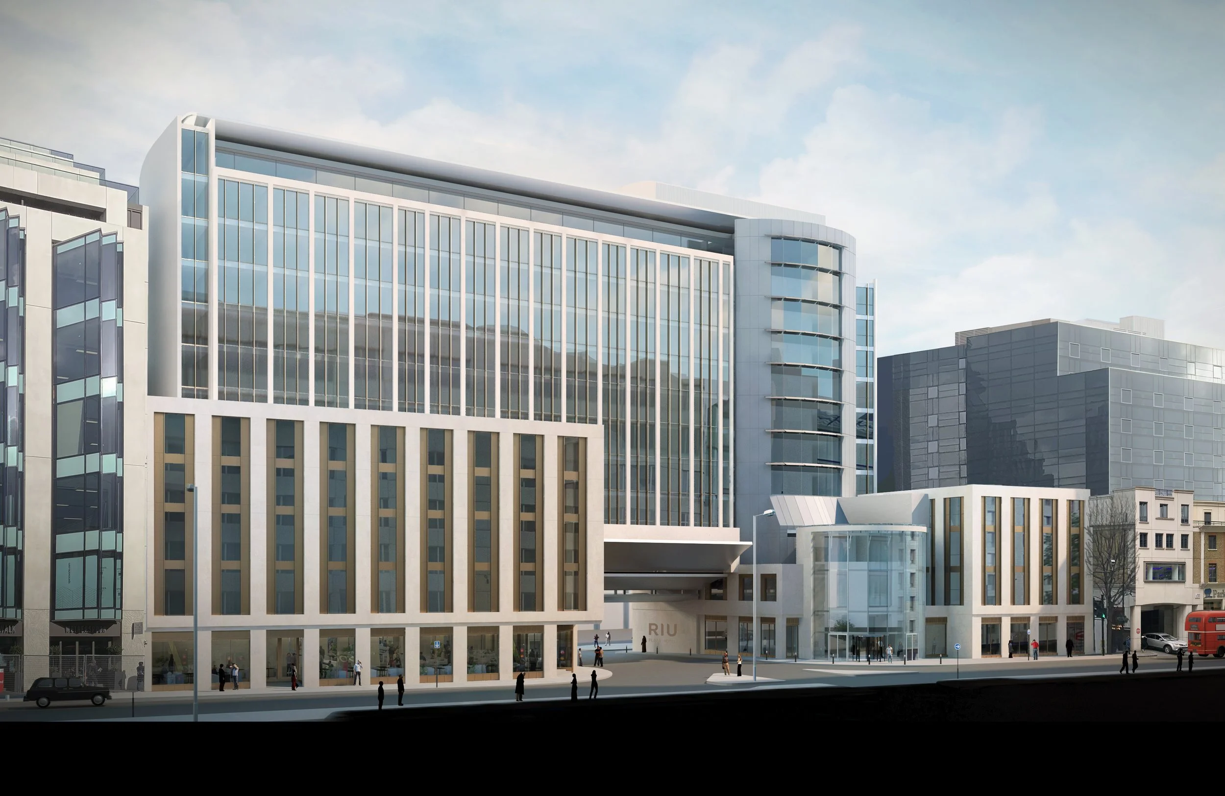 Exterior architectural render of the proposed main entrance to the RIU Hotel in London streetscape