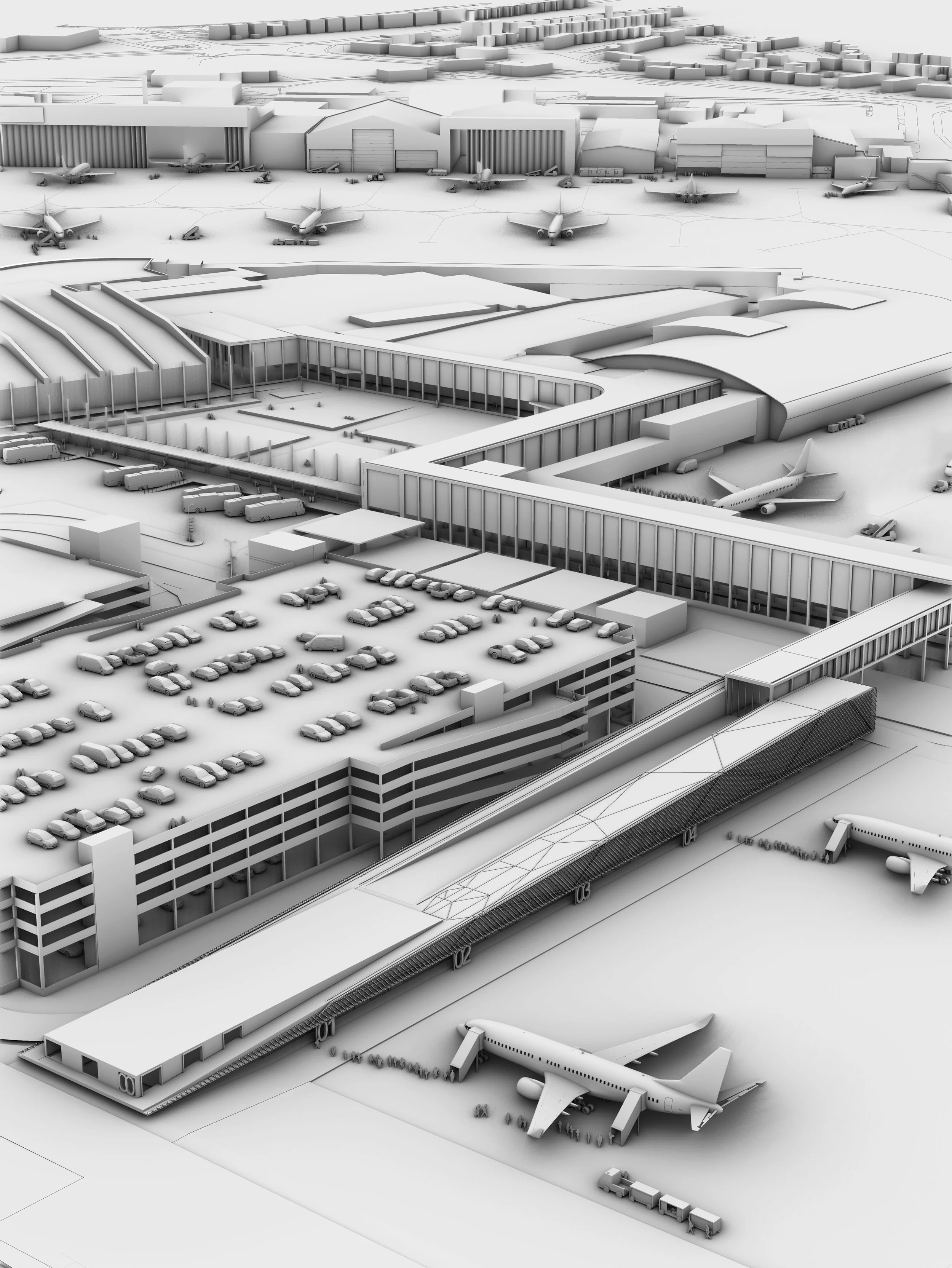 Site axonometric showing the relationship between existing and proposed development at London Luton Airport
