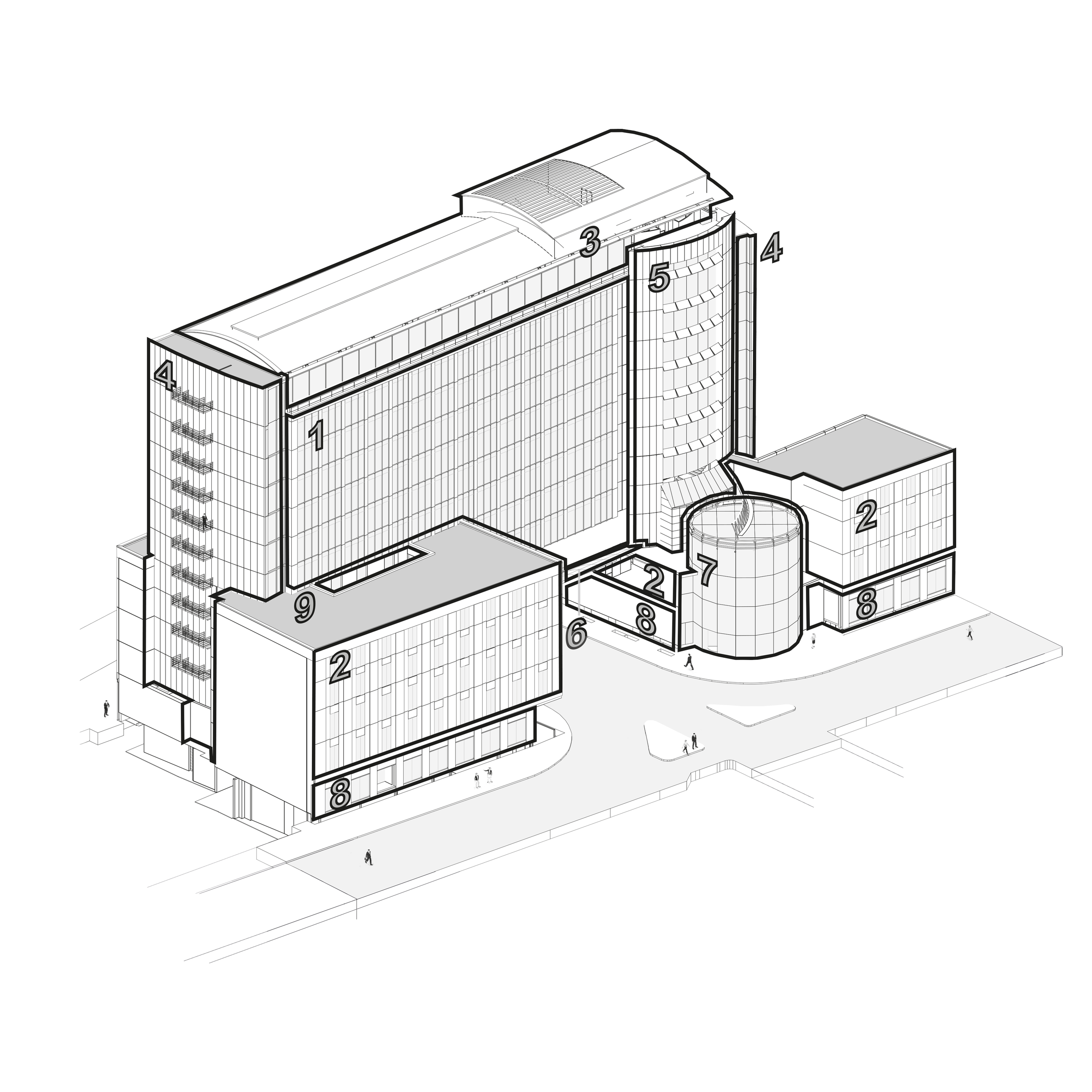 Axonometric facade study and typology mapping for the proposed RIU Hotel in London