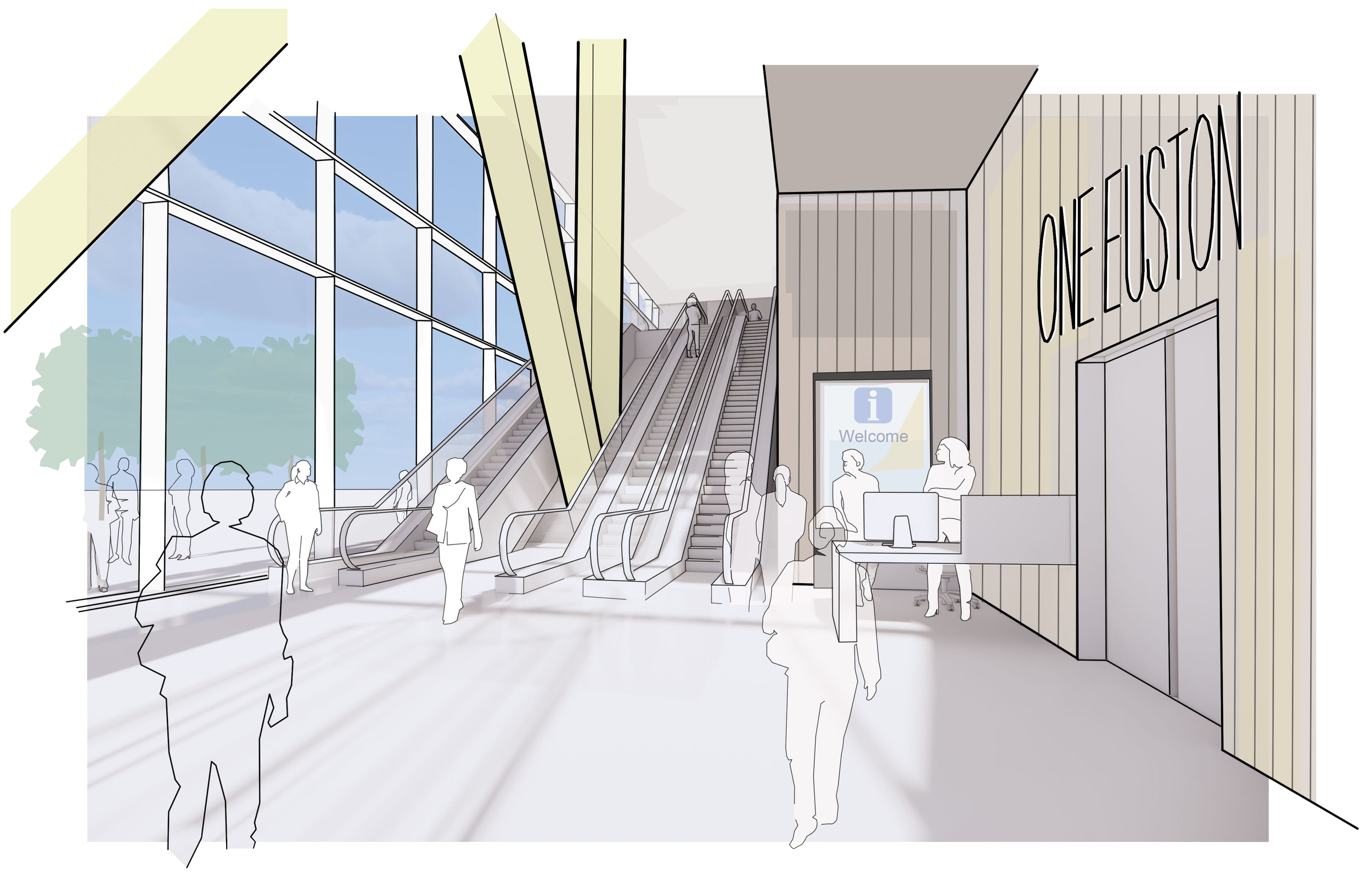 Internal perspective sketch of the proposed HS2 Euston Station passenger concourse