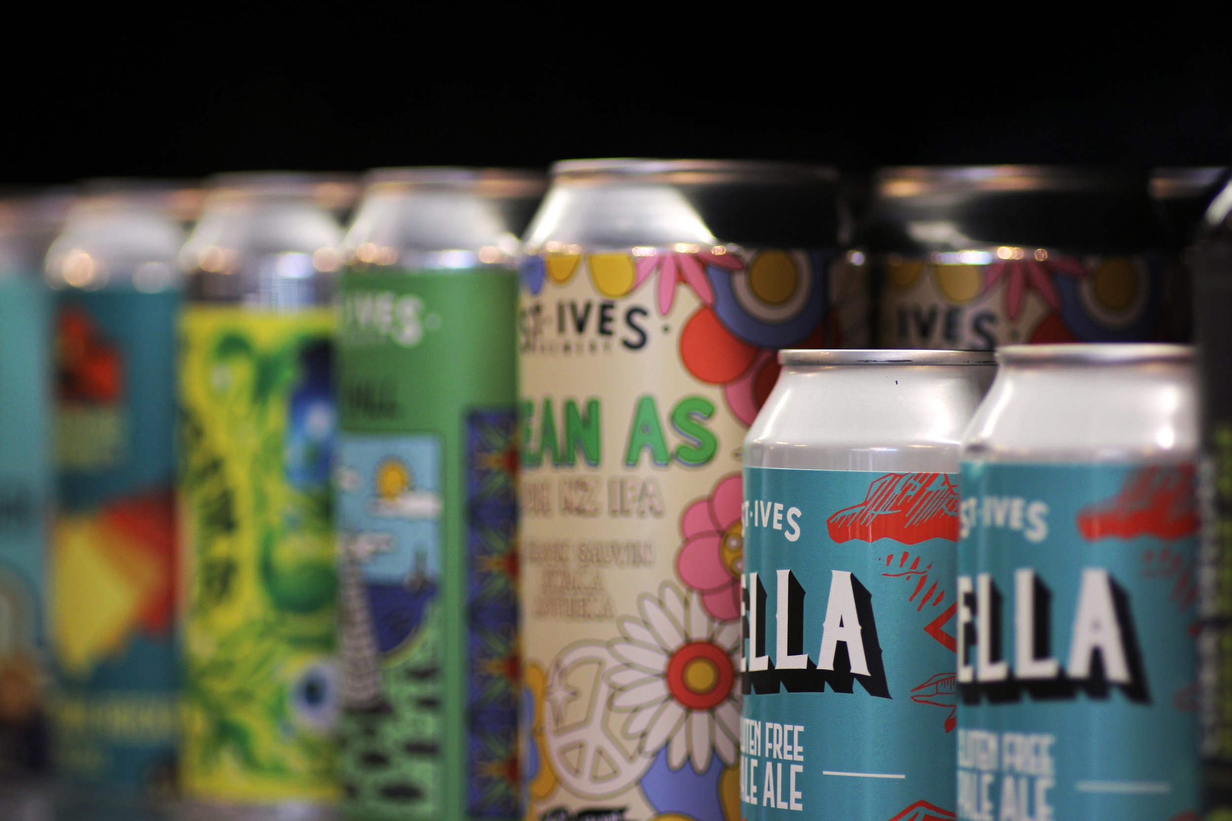 Colourful illustrated cans of craft beer lined up on a shelf in Goggins and Grub, St. Agnes