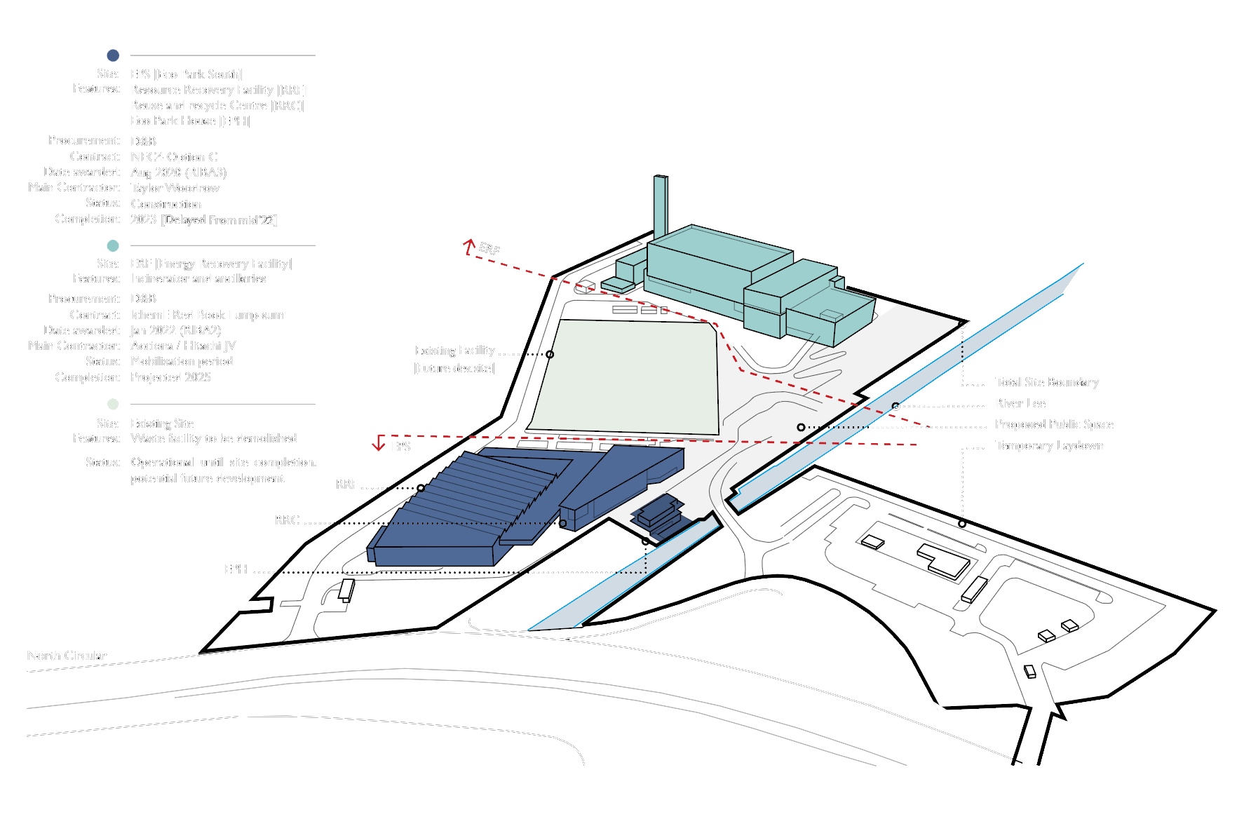 Detailed strategic axonometric drawing of the North London Heat and Power Project site