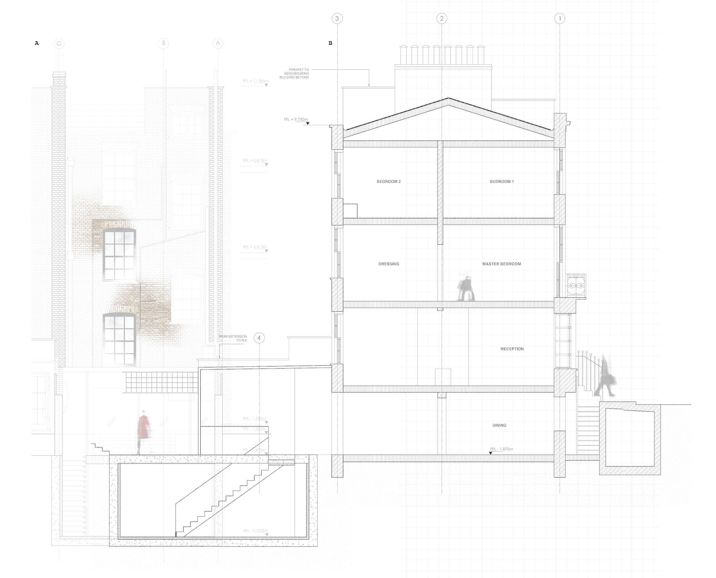 Architectural section drawing showing the proposed rear extension and basement construction of a private residence