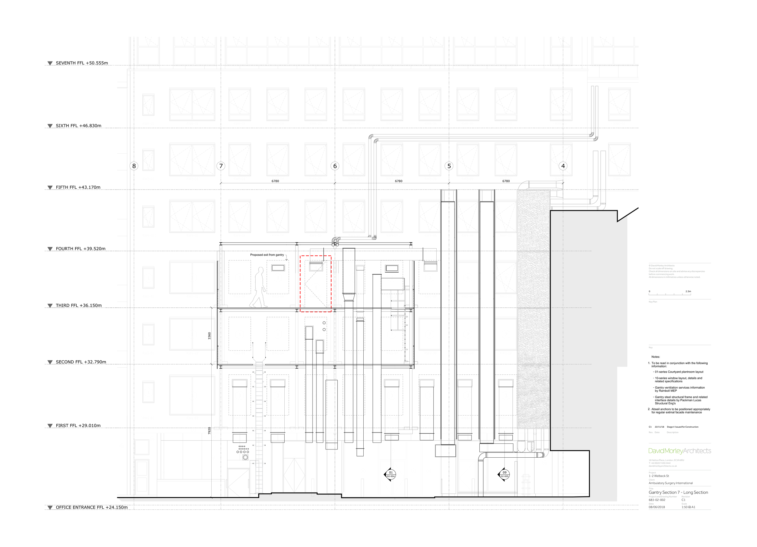 Elevation and section drawings of the proposed MEP gantry to the rear of the existing healthcare building