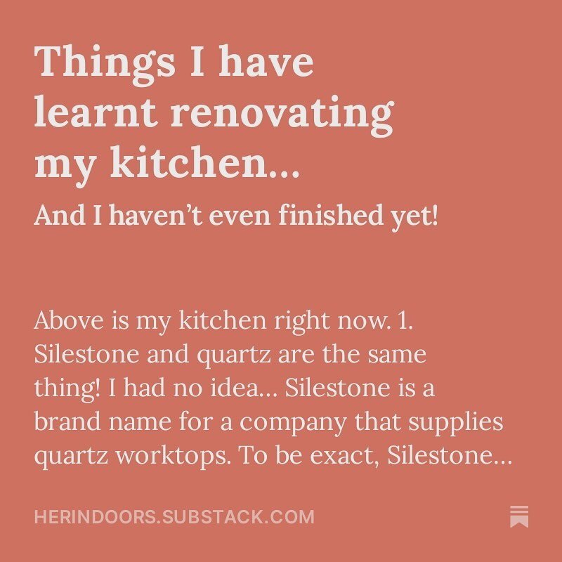 New @substack post - link in bio⁠ 📲
Things I have learnt recently renovating my kitchen - I am meant to be an interiors journalist, why didn&rsquo;t I know all this? I think I did sort of know some of it, but honestly there is nothing like actually 