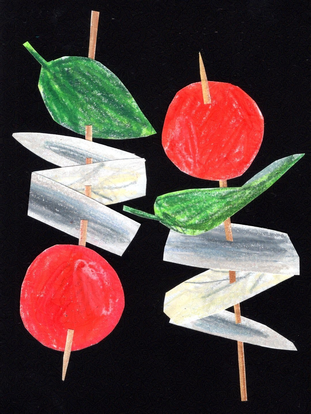 tomatoes + anchovies + basil skewer