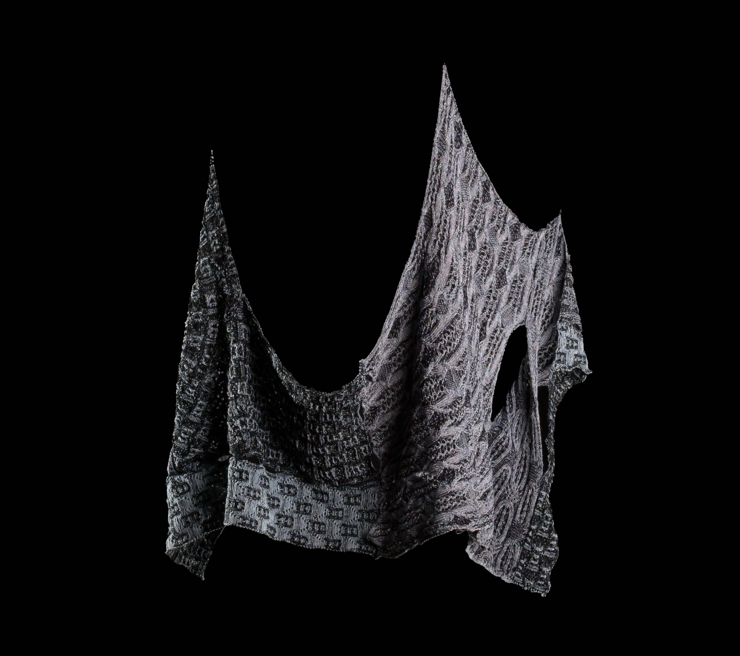 "Patch Knit." Skirt pattern from a 1929 Vionnet dress from Patterns of Fashion Volume 2 split into 6 sections. 2 different knit structures knit in different directions and different plaiting combinations all knit and linked together. All naturally dy