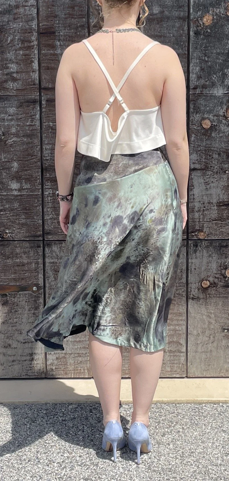 Back Silk Charmeuse Skirt. Dyes: Marigold, Sequoia, Eastern Brazilwood, Cutch, Henna, Myrobalan, Rose. Modifier: Iron