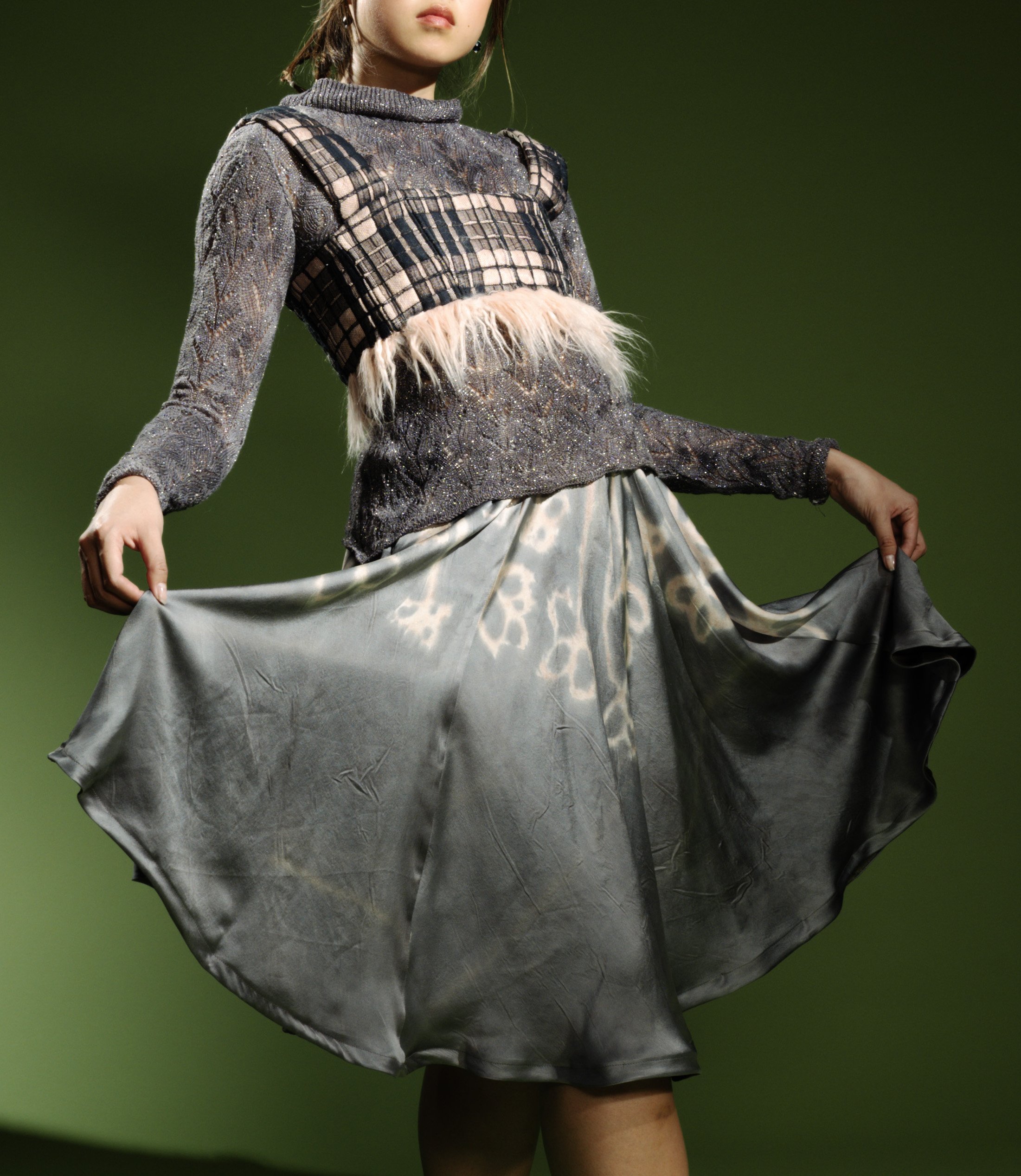 Shima Seiki Power Knit Sweater. Gallnut and Iron. Silk Charmeuse Circle Pant. Hand Painted with eastern brazilwood and pomegranate/iron.