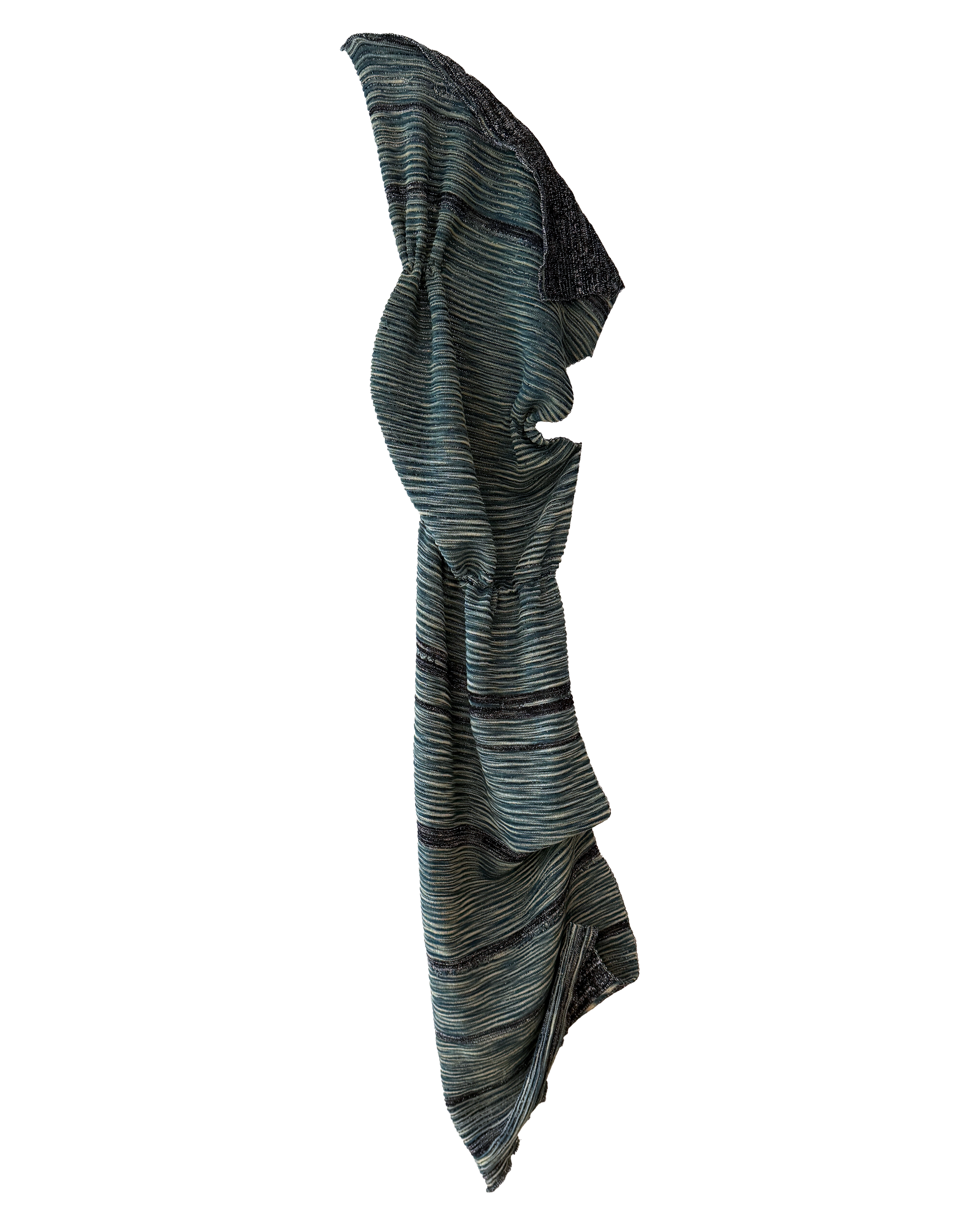 "Ottoman." Ottoman rolls knit structure knit on a 10gg Dubied Machine with indigo space dyed rayon/nylon/cotton yarn with navy wool and silver lurex. Hand stitched and manipulated after.