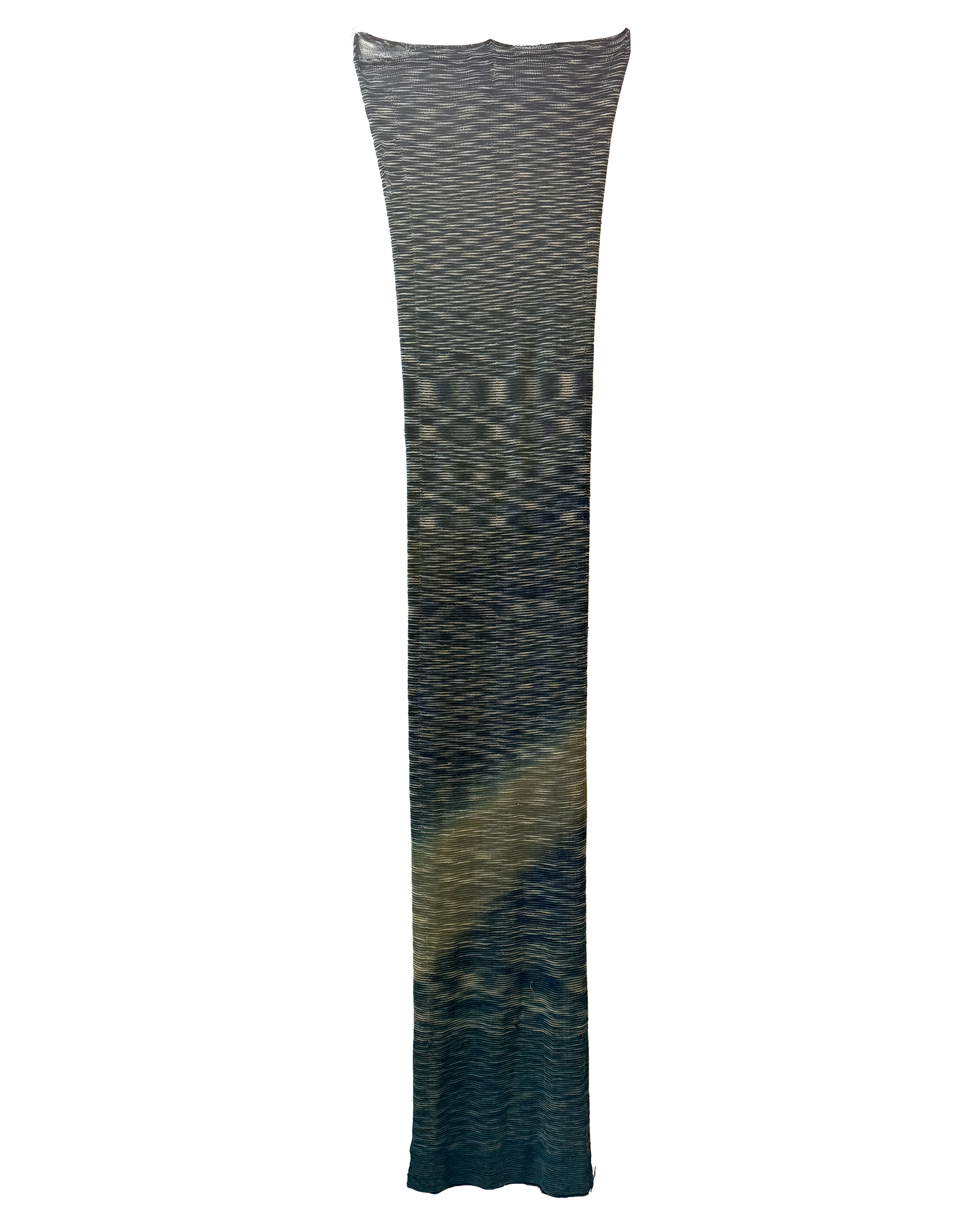 "Waffle." Waffle knit structure close to 8 feet long knit on a 10gg Dubied Machine with various indigo space dyed yarns, beginning with a completely indigo dyed yarn and slowly working up to a yarn with 7 sections of indigo on the hank. Also knit wit
