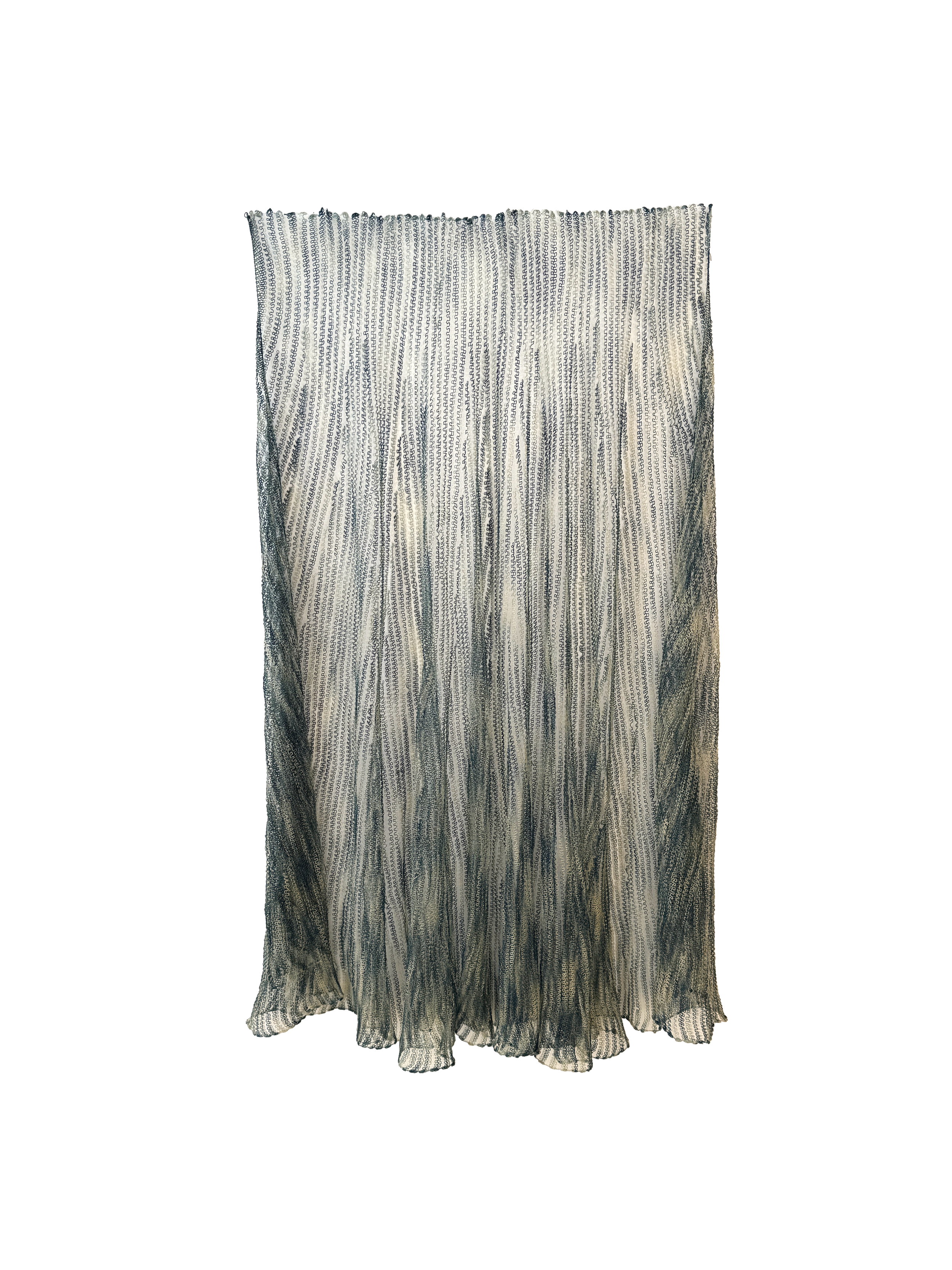 "Circle." Space-dyed Indigo dipped Nylon/Rayon/Cotton yarn and Fishing Line knit in horizontal stripes with partial knitting.