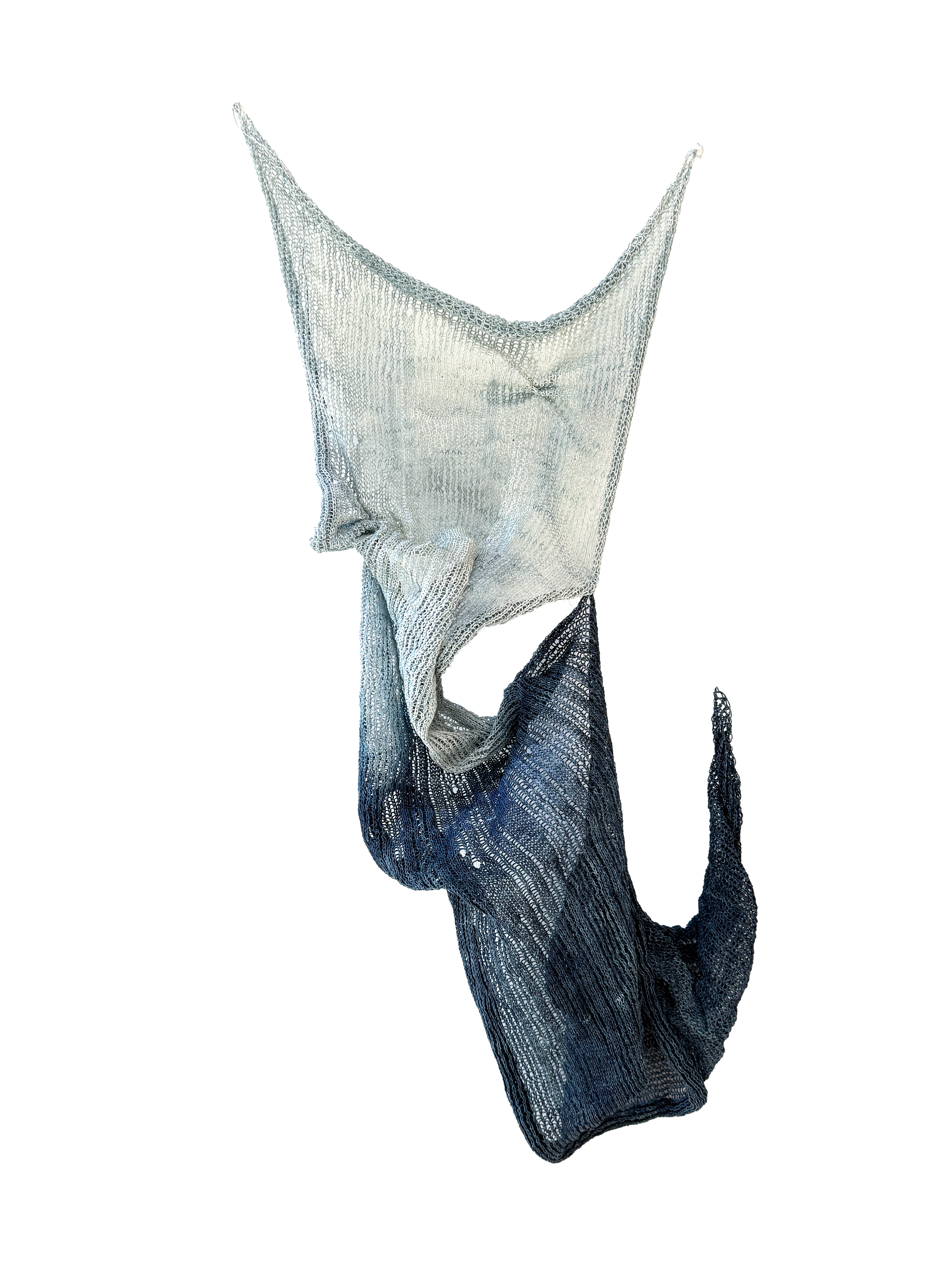 "Waxy." Deadstock yarn with a rubber-like coating knit with free form dropped stitches and hand dipped in indigo.
